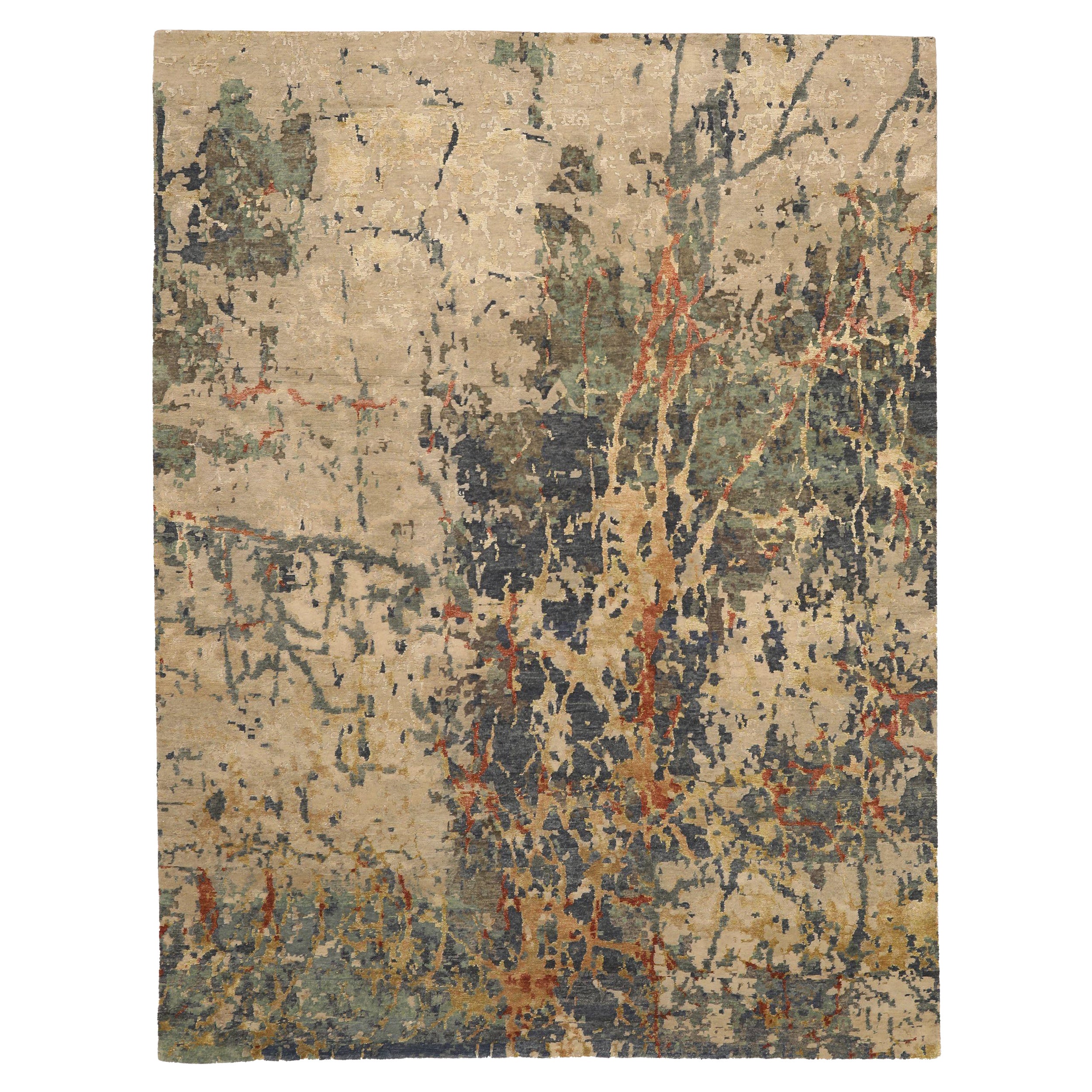 Tapis de laine gris vert ivoire rouge jaune motif indien - 93761