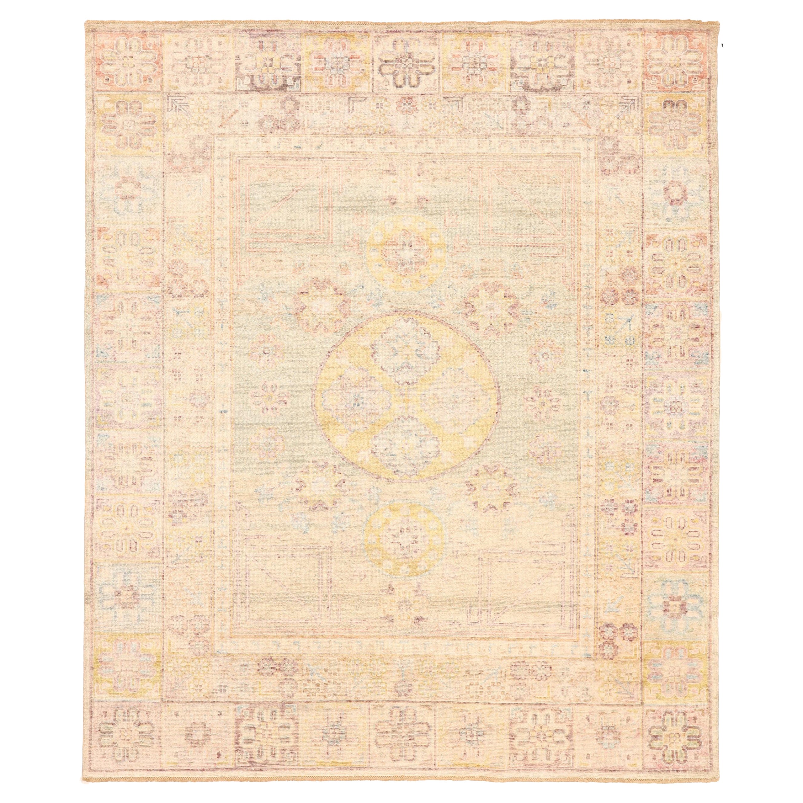 Khotan-Teppiche aus Wolle – elfenbeinfarbenes, gelbes Design – 93812, Indien