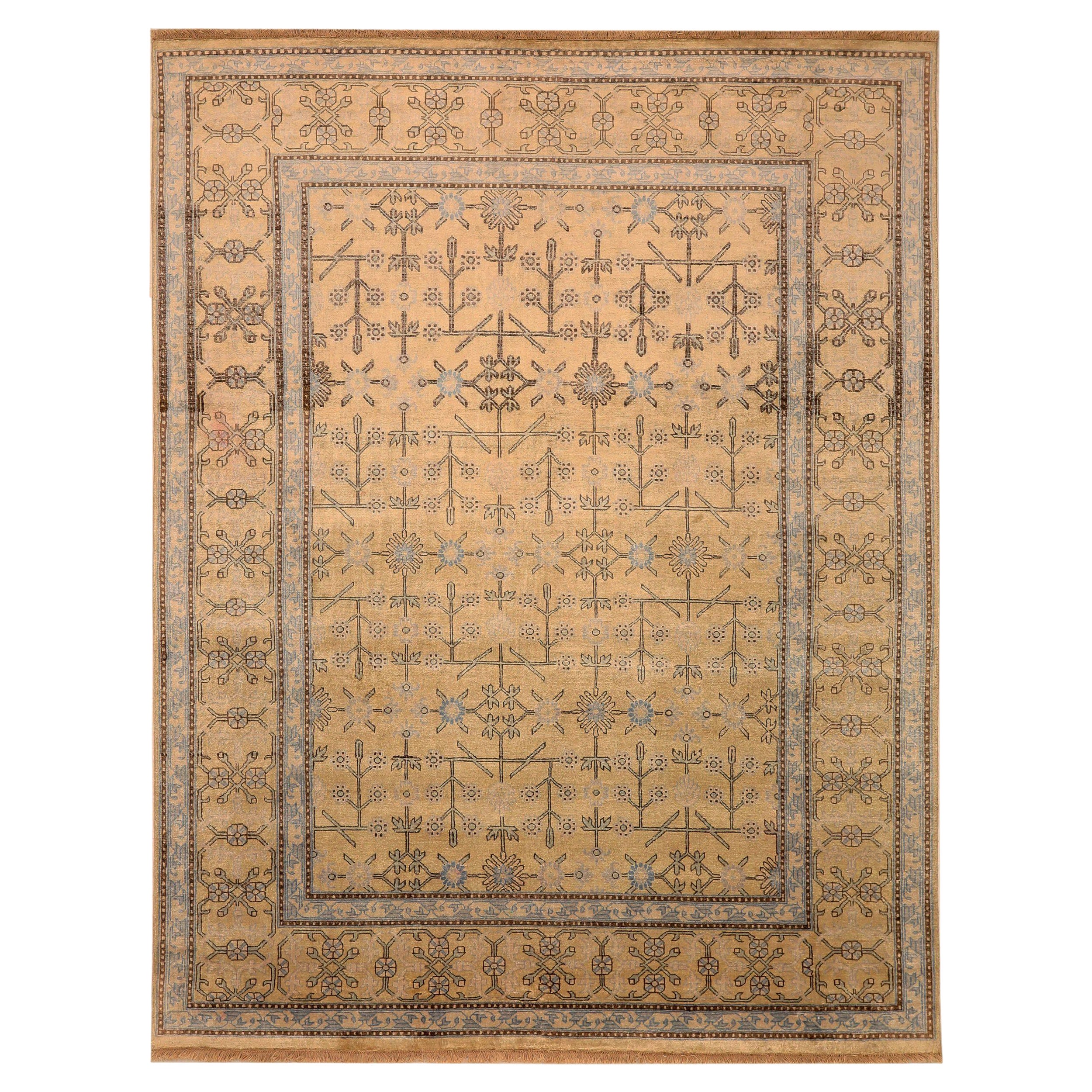 Khotan-Teppiche aus Wolle – elfenbeinfarbenes, gelbes Design – 93852, Indien