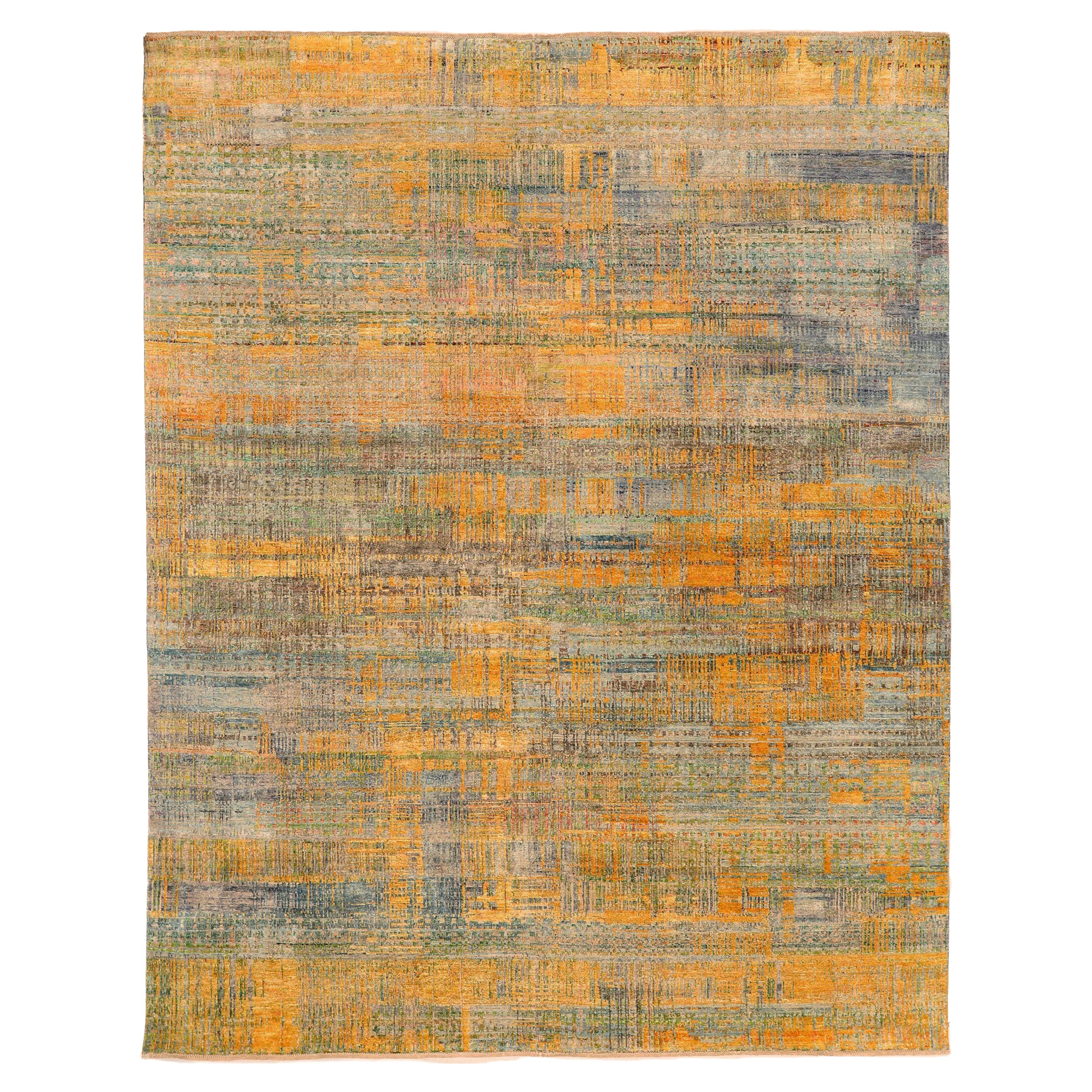 India Modern Area Rugs - Wool Blue Green Orange Yellow Design - 93859