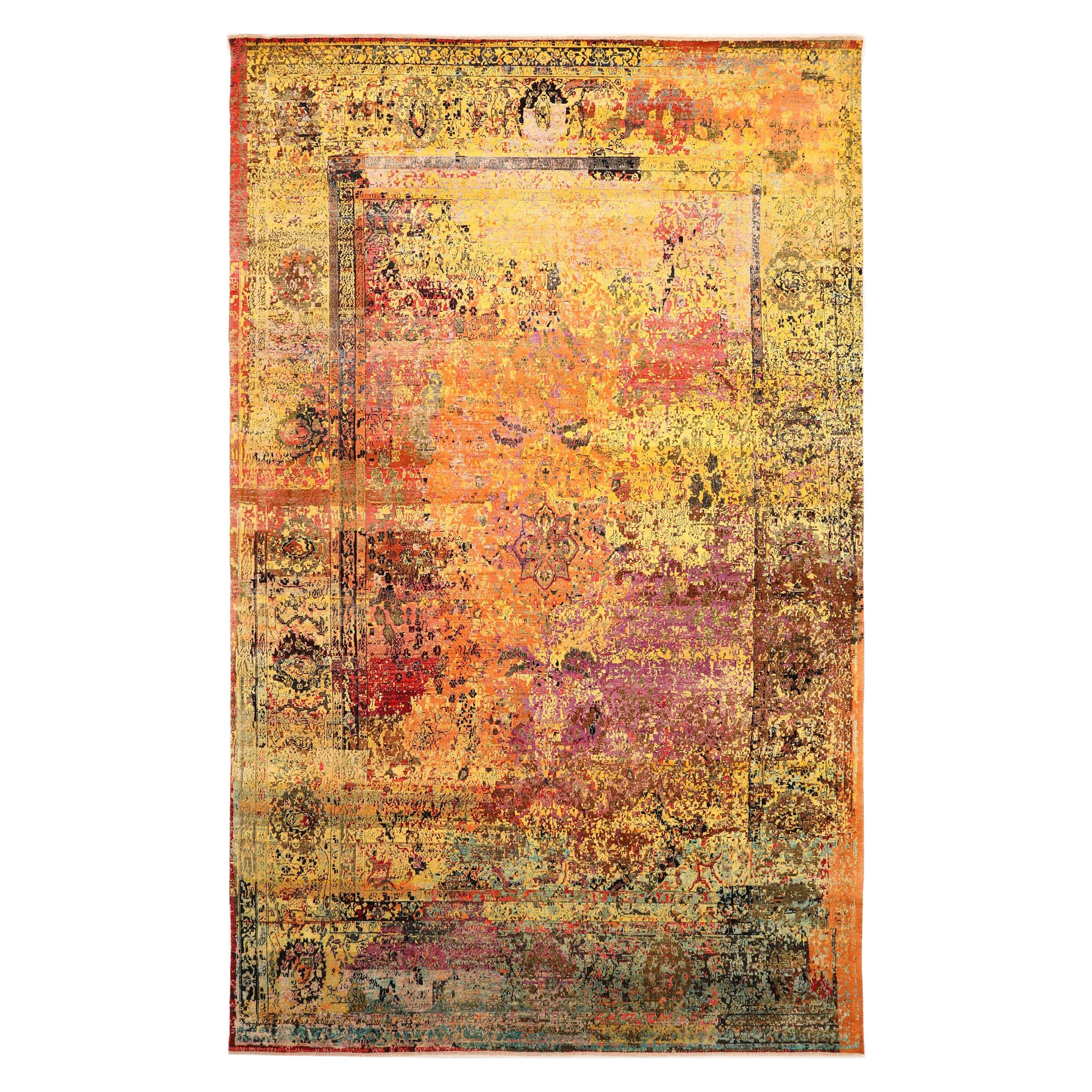 Tapis de zone Sari en laine orange pourpre rouge jaune, 93877