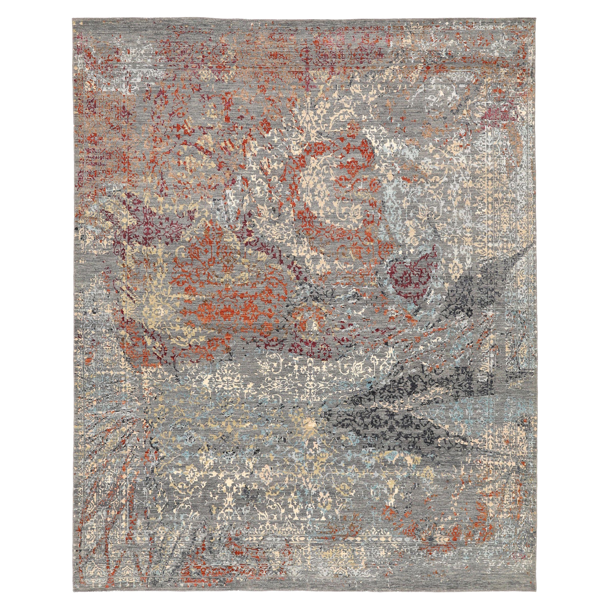 Tapis modernes indiens - Laine gris ivoire rouge motif 93850