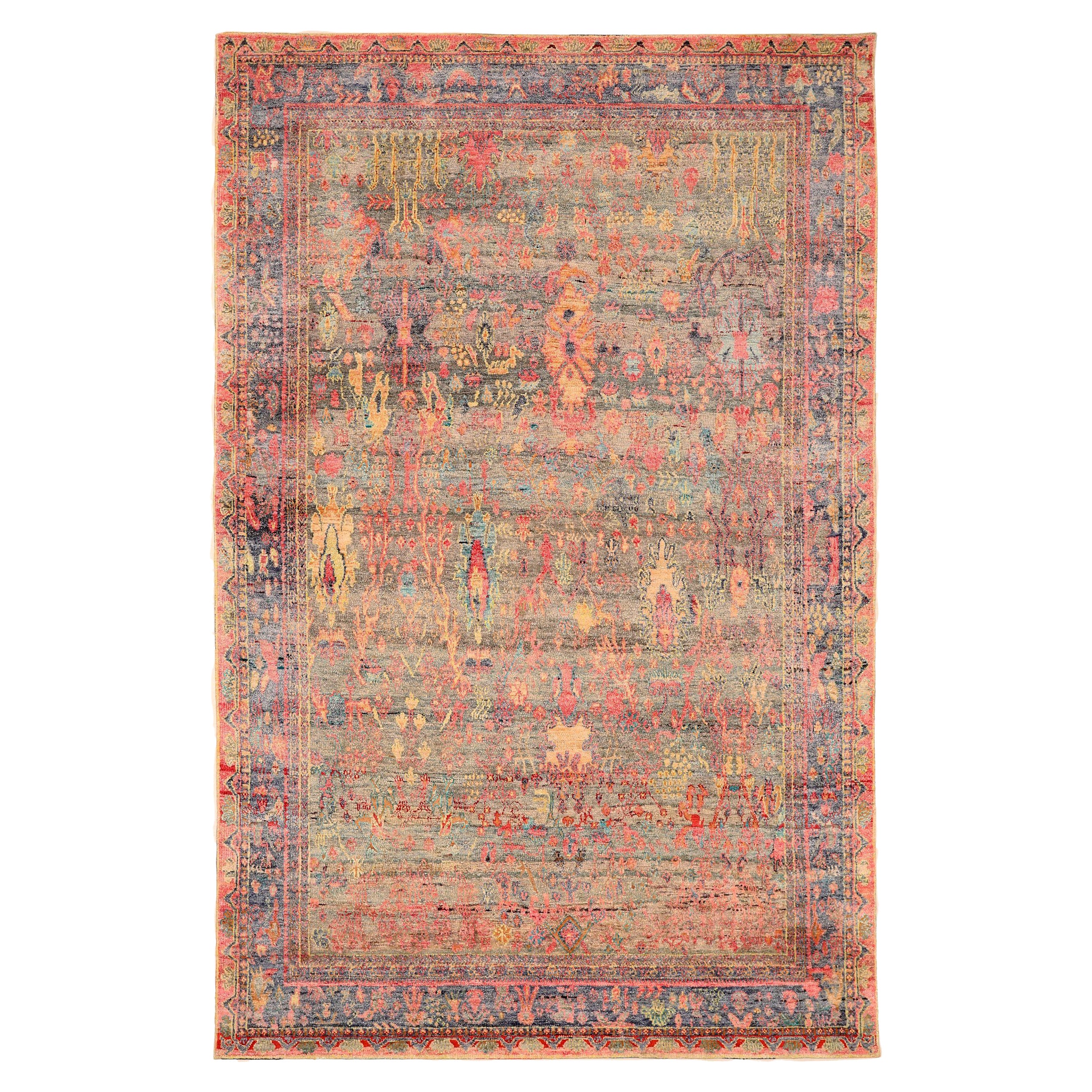 Tapis de zone Sari en laine bleu rose jaune motif indien - 93862