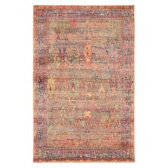 India Sari Silk Area Rugs - Wool Blue Pink Yellow Design - 93862