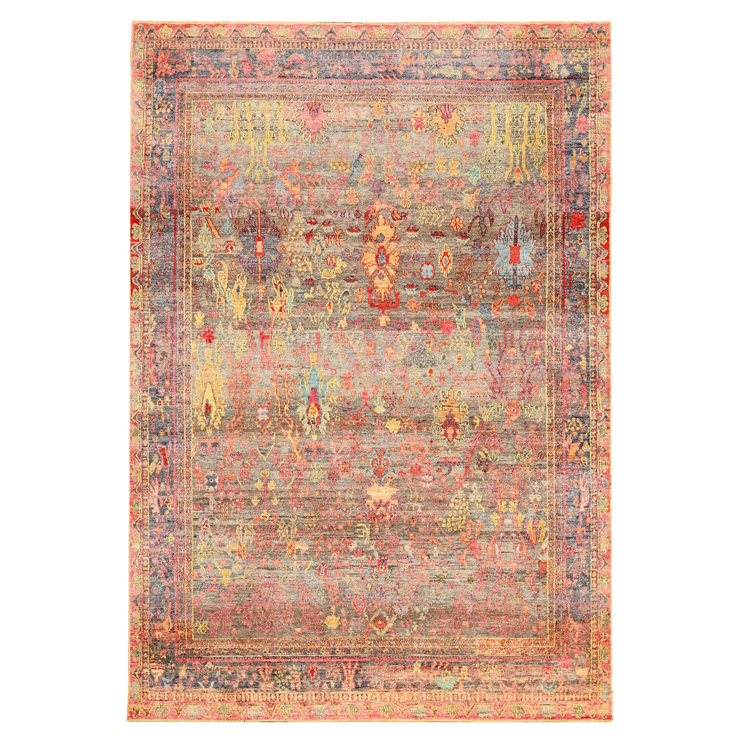 Tapis de zone Sari en laine bleu, rose et jaune, 93863