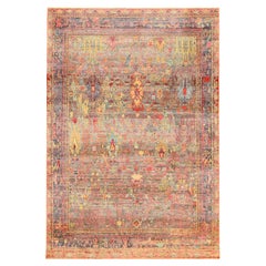 India Sari Silk Area Rugs - Wool Blue Pink Yellow Design - 93863