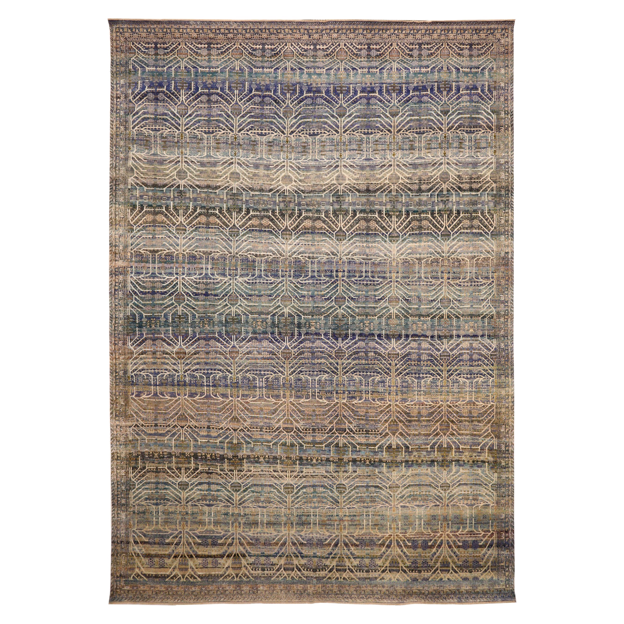 India Khotan Over Size Rug - Wool Blue Brown Ivory Design - 93866