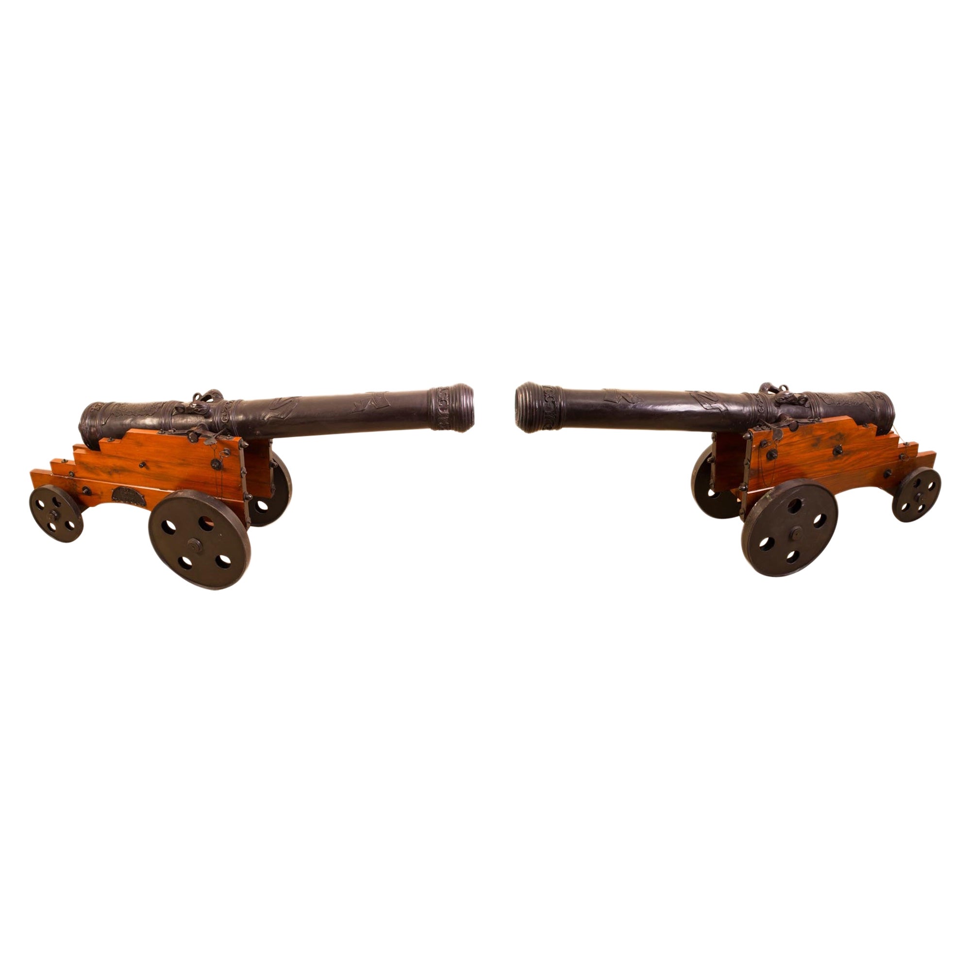 Vintage Pair Decorative 6ft Bronze Artillery Cannons 20th Century