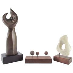 Grouping of Abstract Modernist Cabinet Sculptures, Bronze, Wood, and Marble