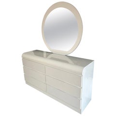 Post modern white Gloss Laminate waterfall 6 Drawer Dresser with round mirror