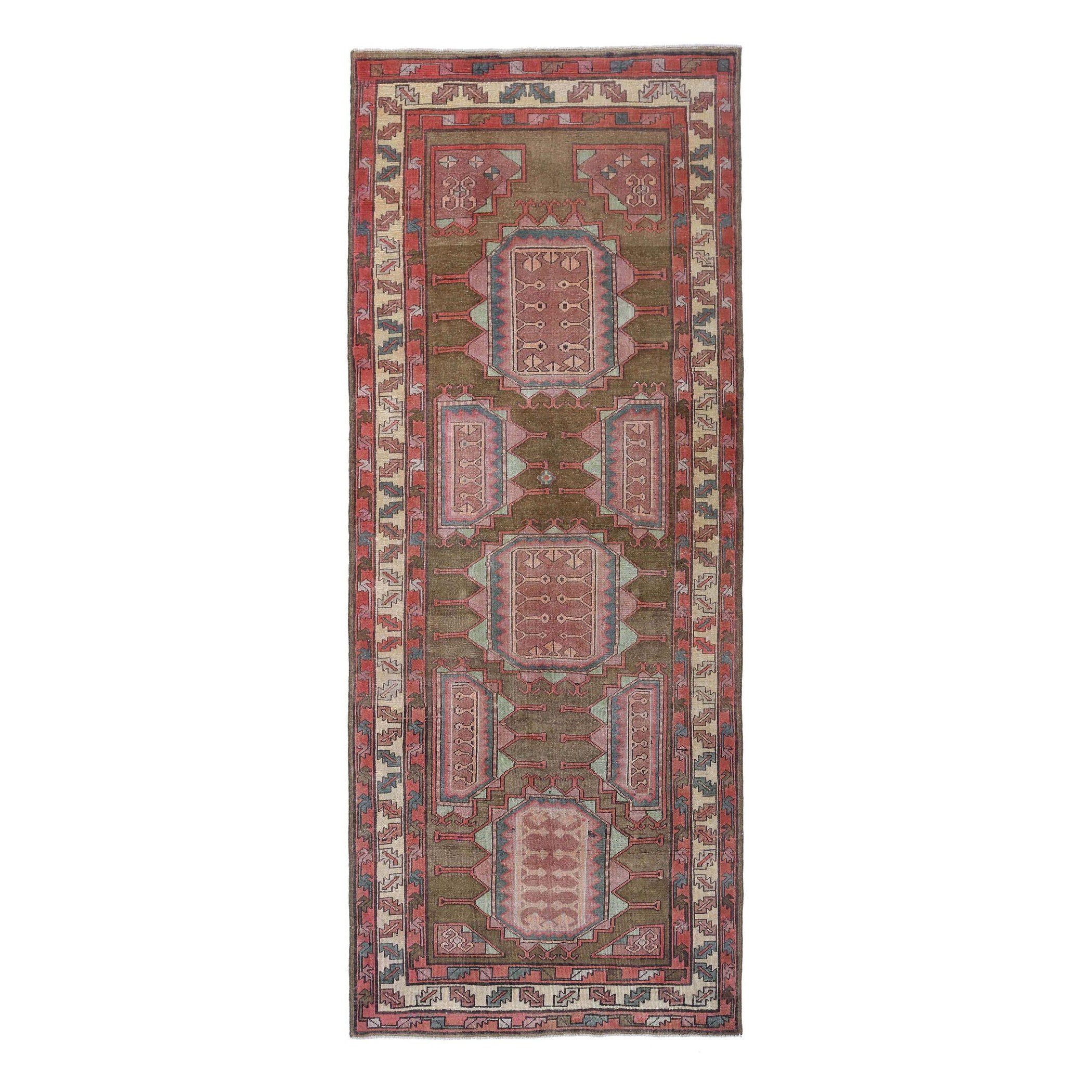 Persian Azerbaijan Small Rug - Wool Brown Green Pink Design - 96657