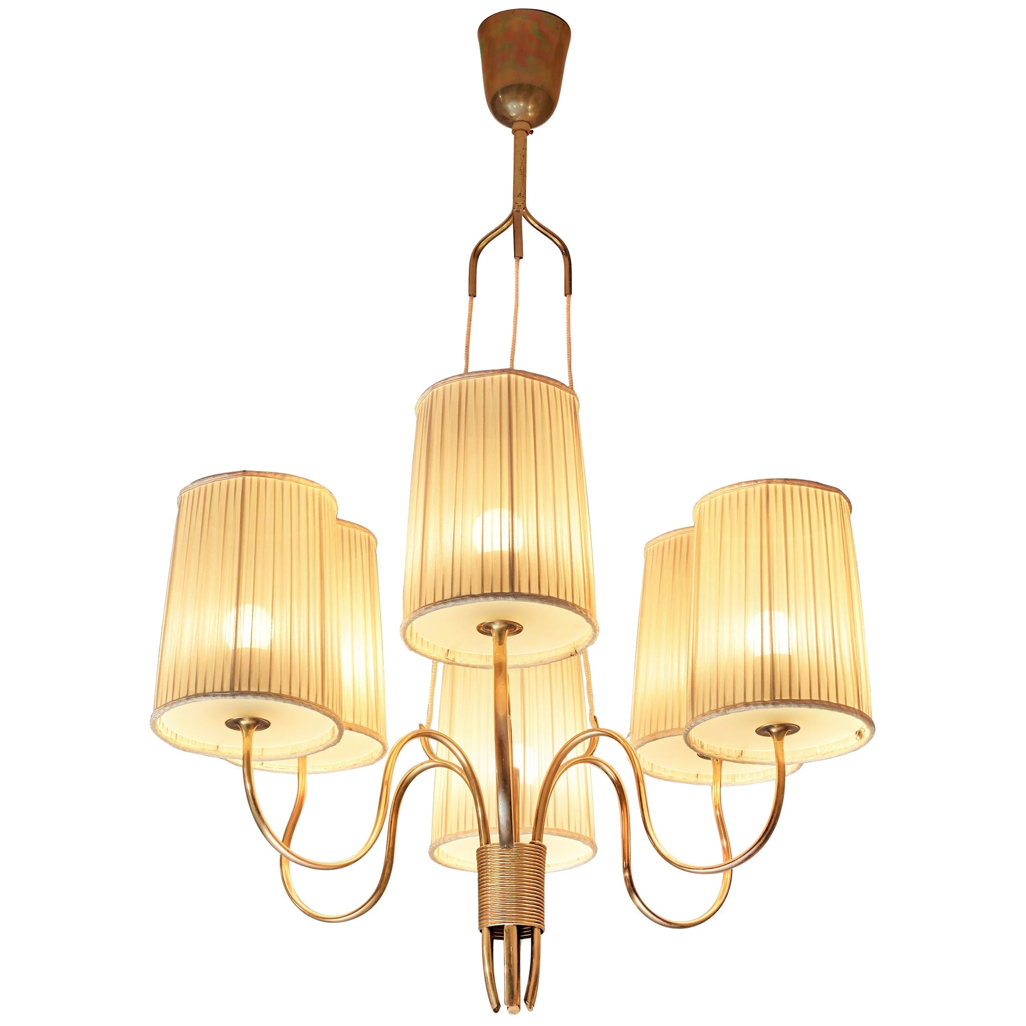 Paavo Tynell for Taito Oy Chandelier in Brass with Original Fabric Shades