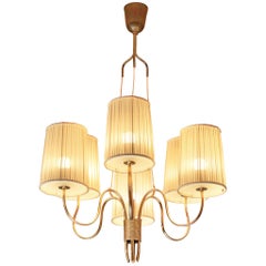 Paavo Tynell for Taito Oy Chandelier in Brass with Original Fabric Shades