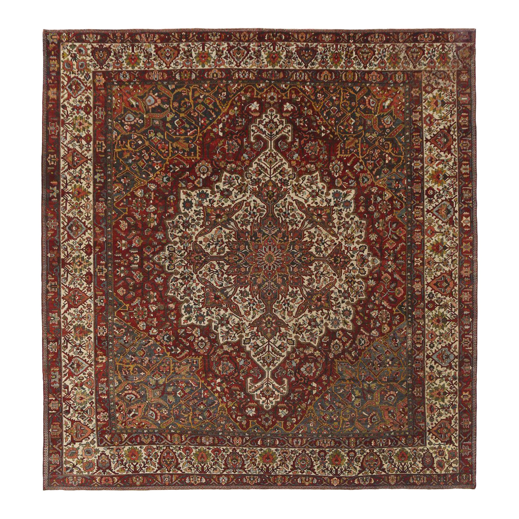 Persian Bakhtiari Square Area Rugs - Wool Red Design - 96718 For Sale