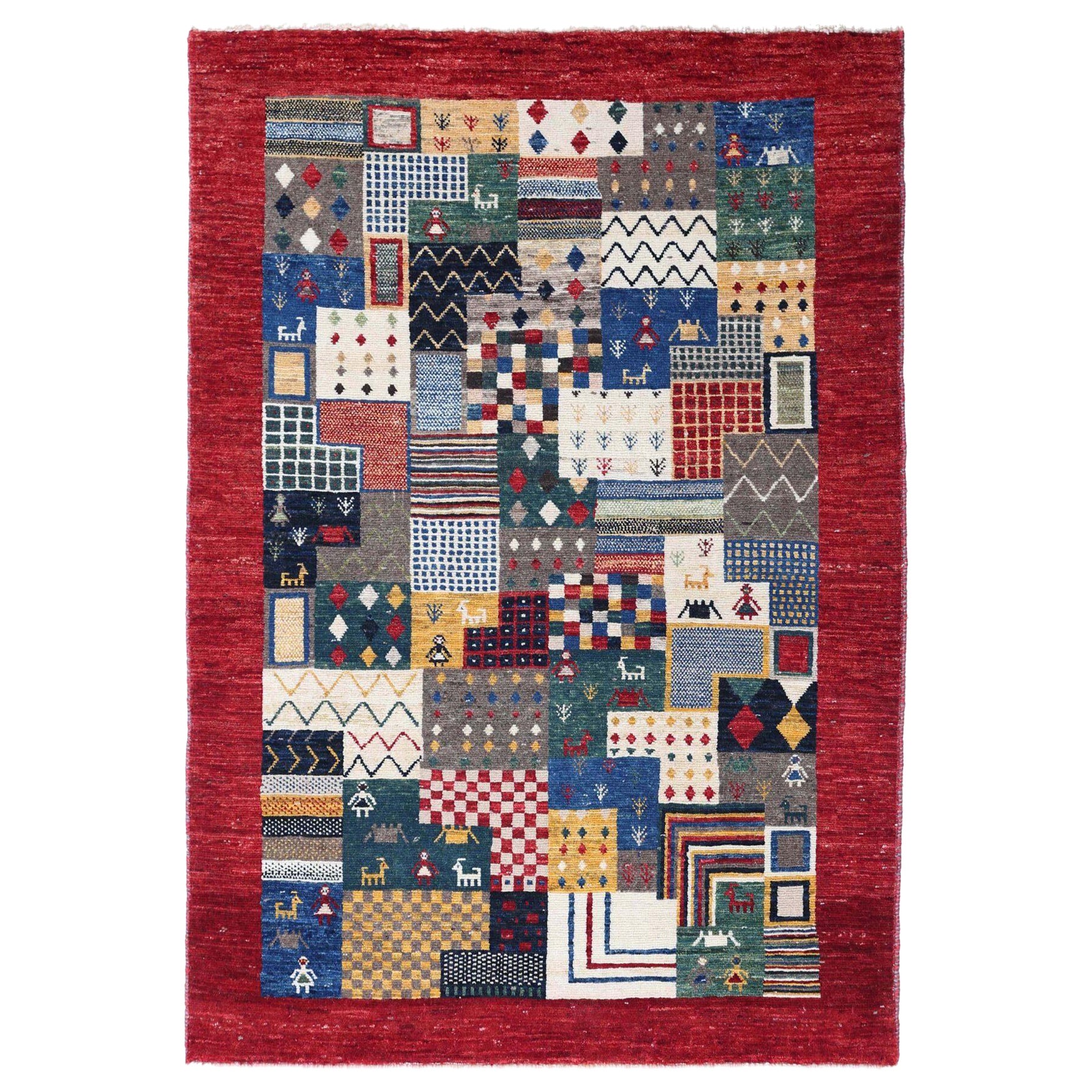 Tappeto persiano Gabbeh Small - Lana Blu Avorio Rosso Giallo - 96890 in vendita