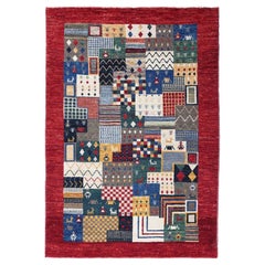 Persian Gabbeh Small Rug - Wool Blue Ivory Red Yellow Design - 96890