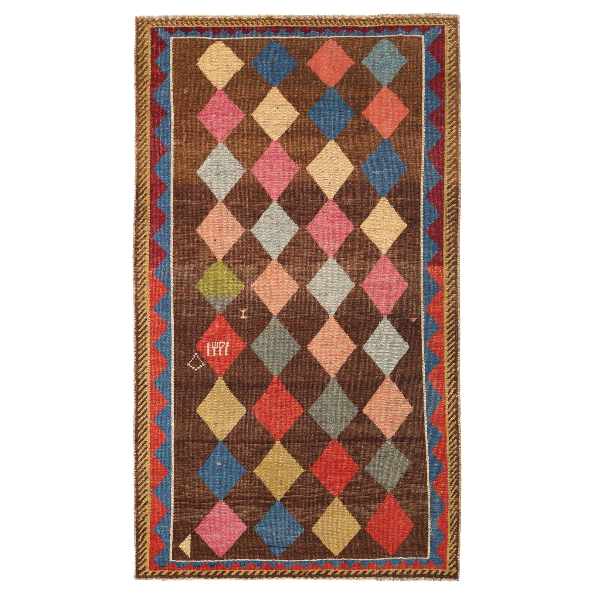 Persischer Gabbeh Small Teppich - Wolle Braun Rosa Rot Gelb Design - 96960 im Angebot