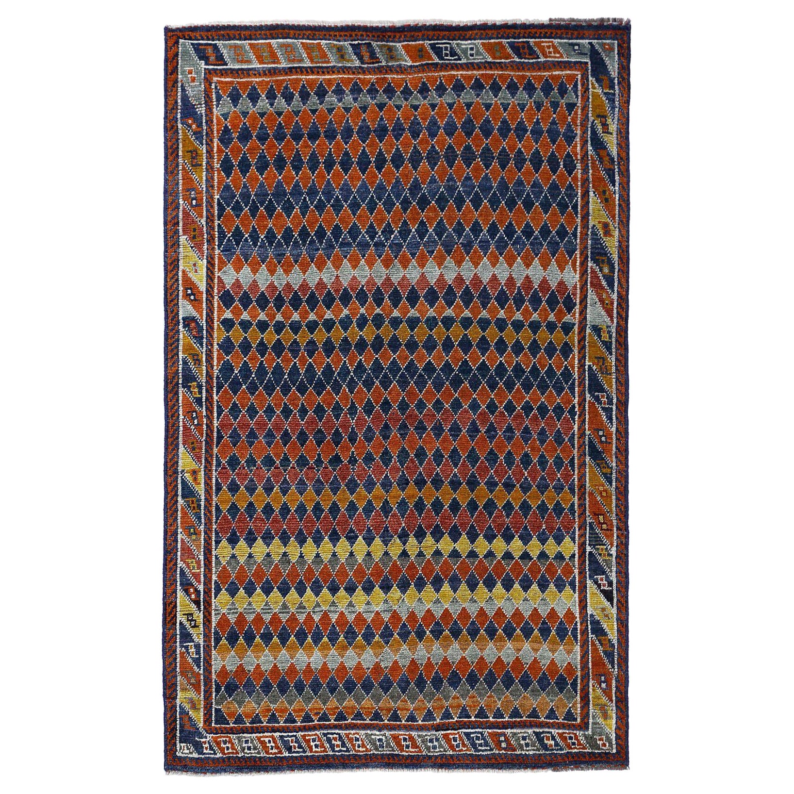 Persischer Gabbeh Kleiner Teppich - Wolle Blau Orange Rot Gelb Design - 96910 im Angebot