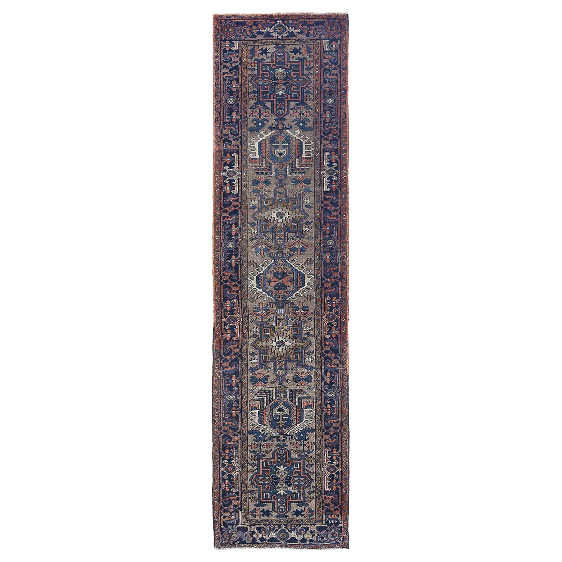 Persian Heriz Runner Rug - Wool Ivory Navy Blue Design - 96911