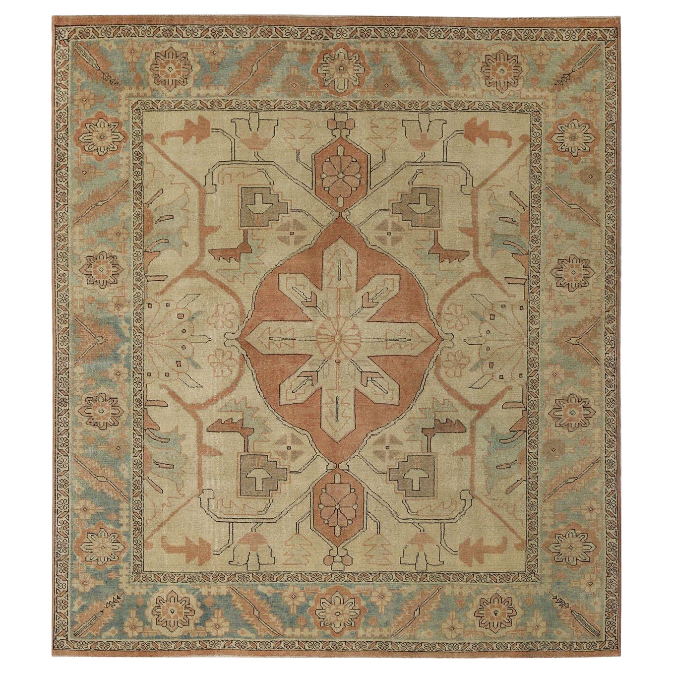 Persian Heriz Square Area Rugs - Wool Ivory Light Blue Pink - 96976