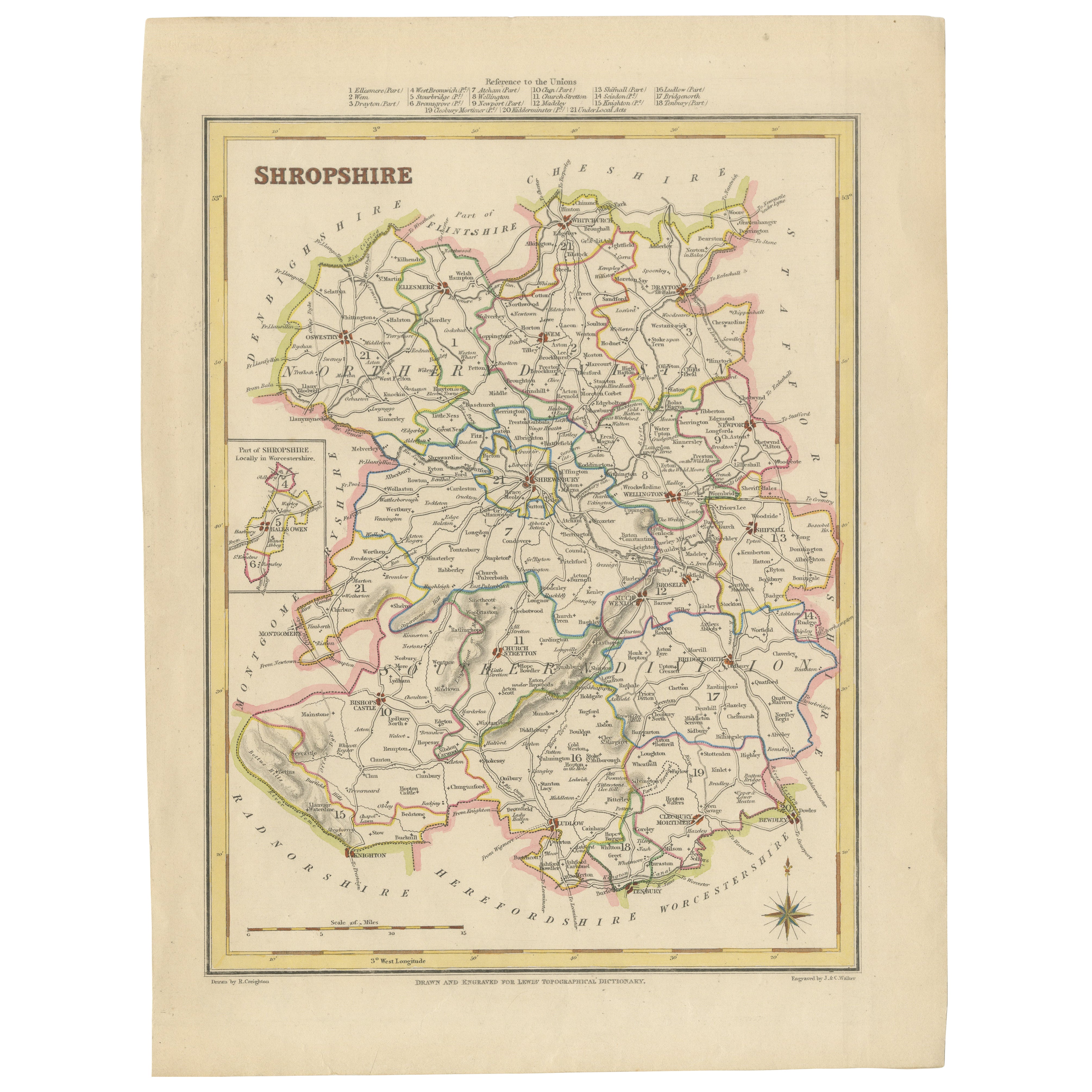 Karte von Shropshire, 1844: Telford, Shrewsbury, Oswestry, Bridgnorth und Wellington