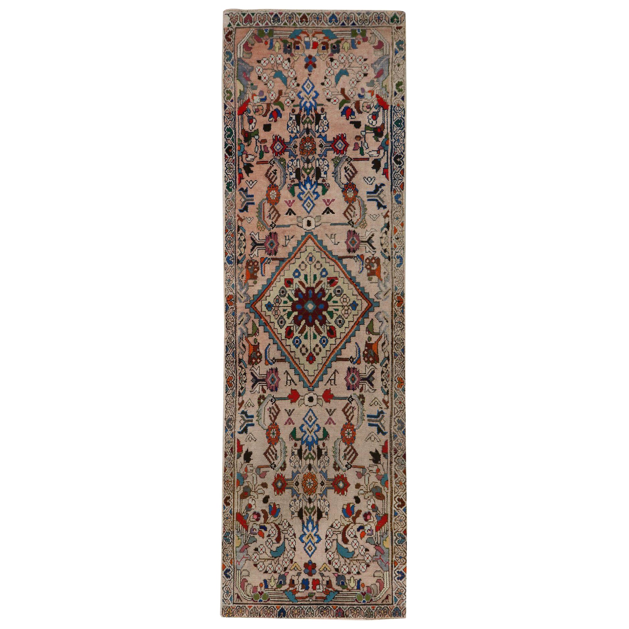 Persischer Mahal-Läufer aus Wolle - Elfenbein-rosa Design - 96972