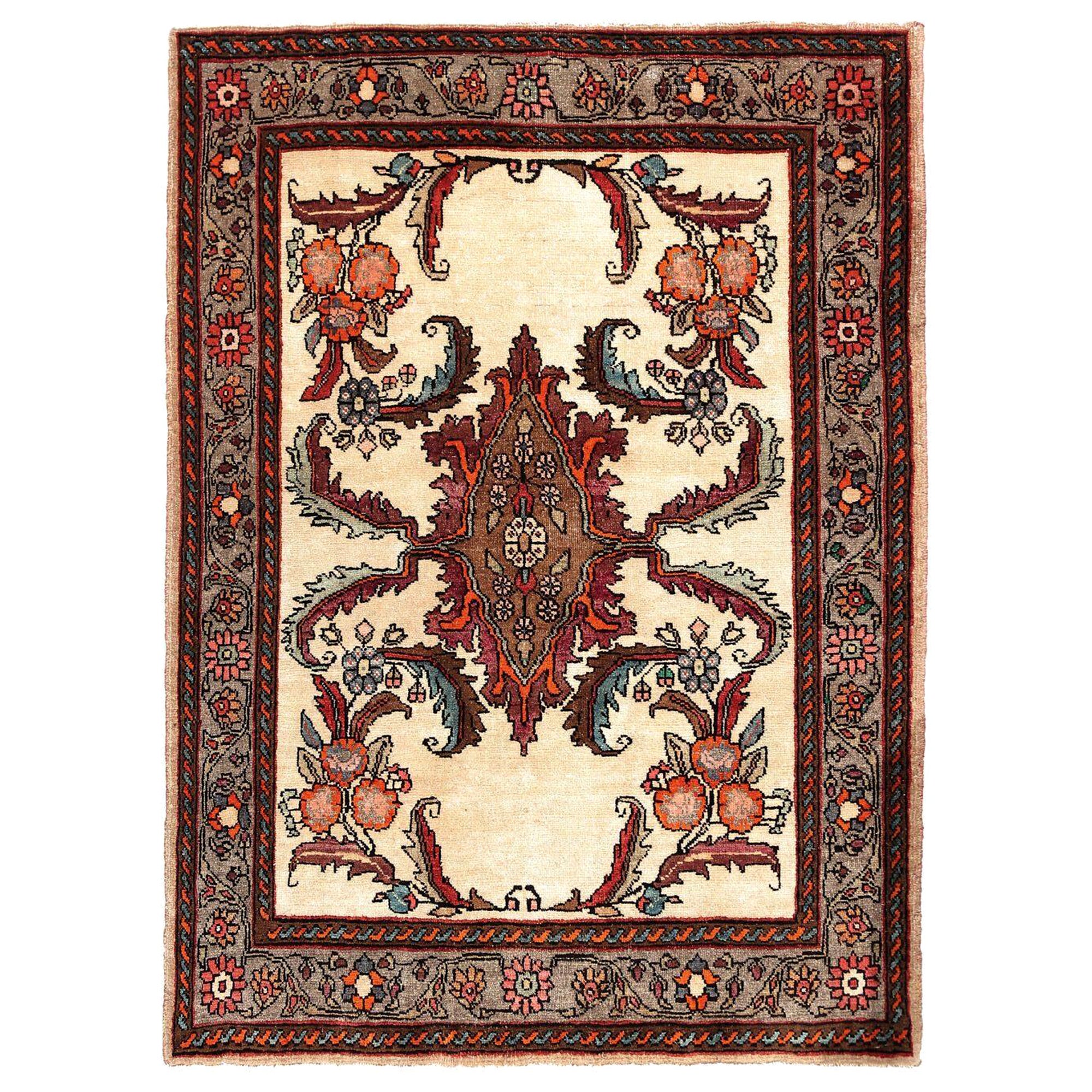 Persischer Semnan-Teppich aus Wolle – elfenbeinfarbenes Design – 97055