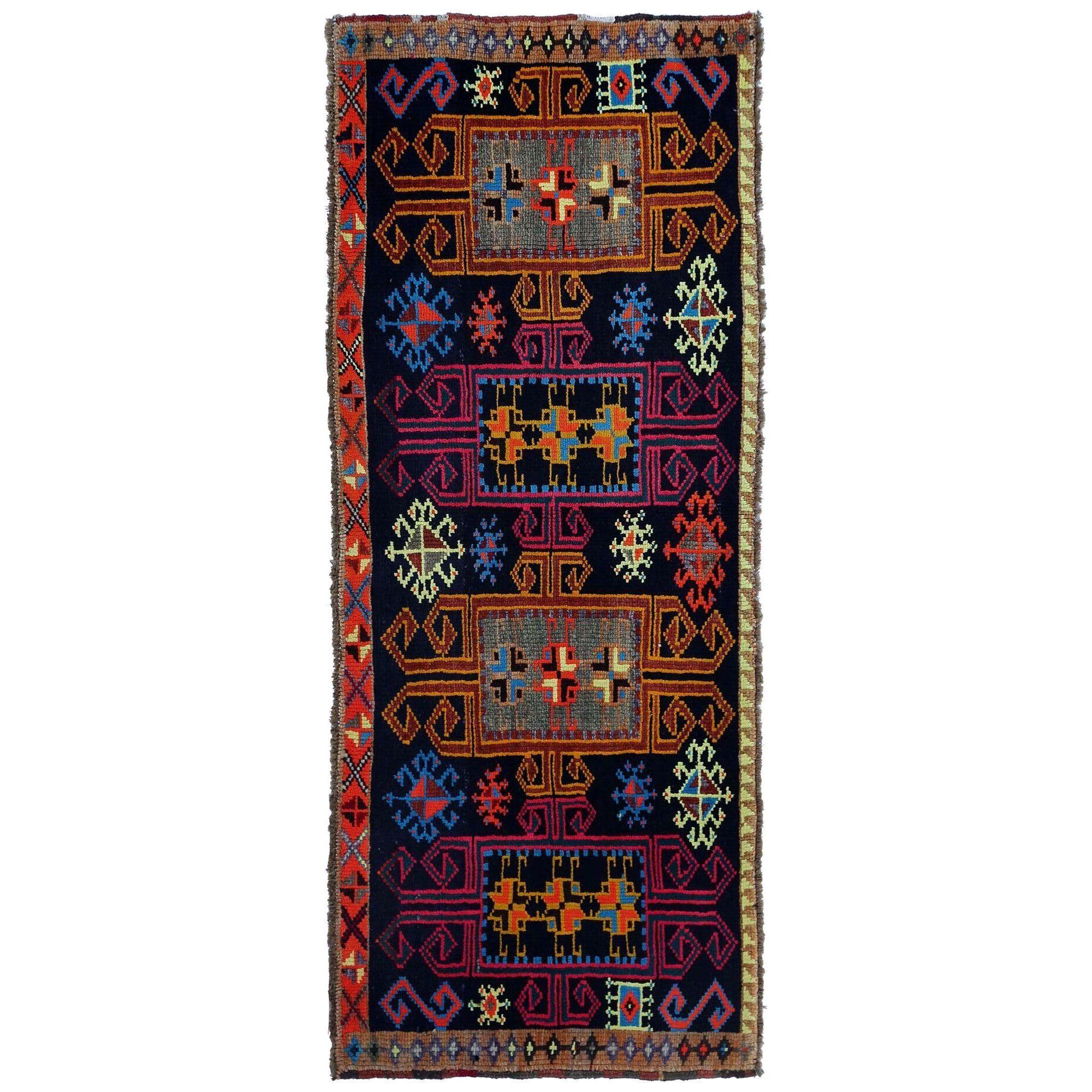 Persischer Aserbaidschanischer kleiner Teppich - Wolle Schwarz Blau Rot Design - 97059 im Angebot