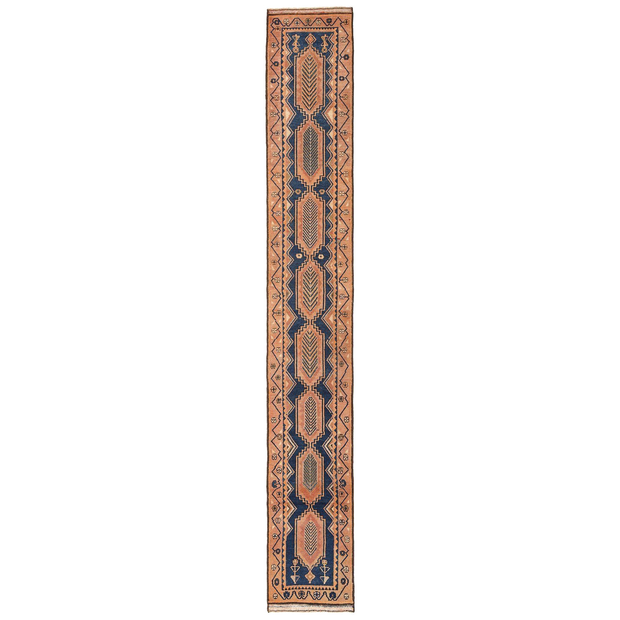 Persische Aserbaidschan Läufer Teppich - Wolle Braun Marineblau Rosa - 97080 im Angebot