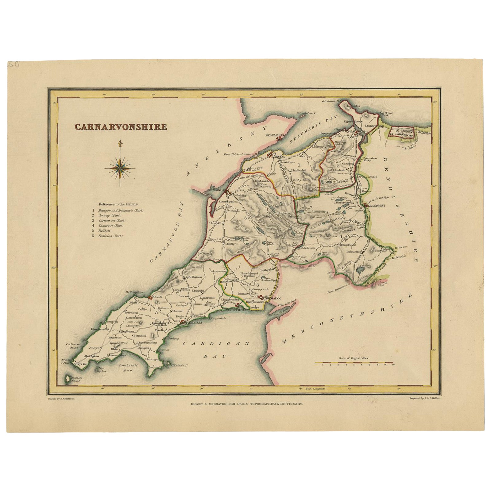 Old Map of Carnarvonshire 1844 – Caernarfon Bangor Pwllheli Beaumaris Bay