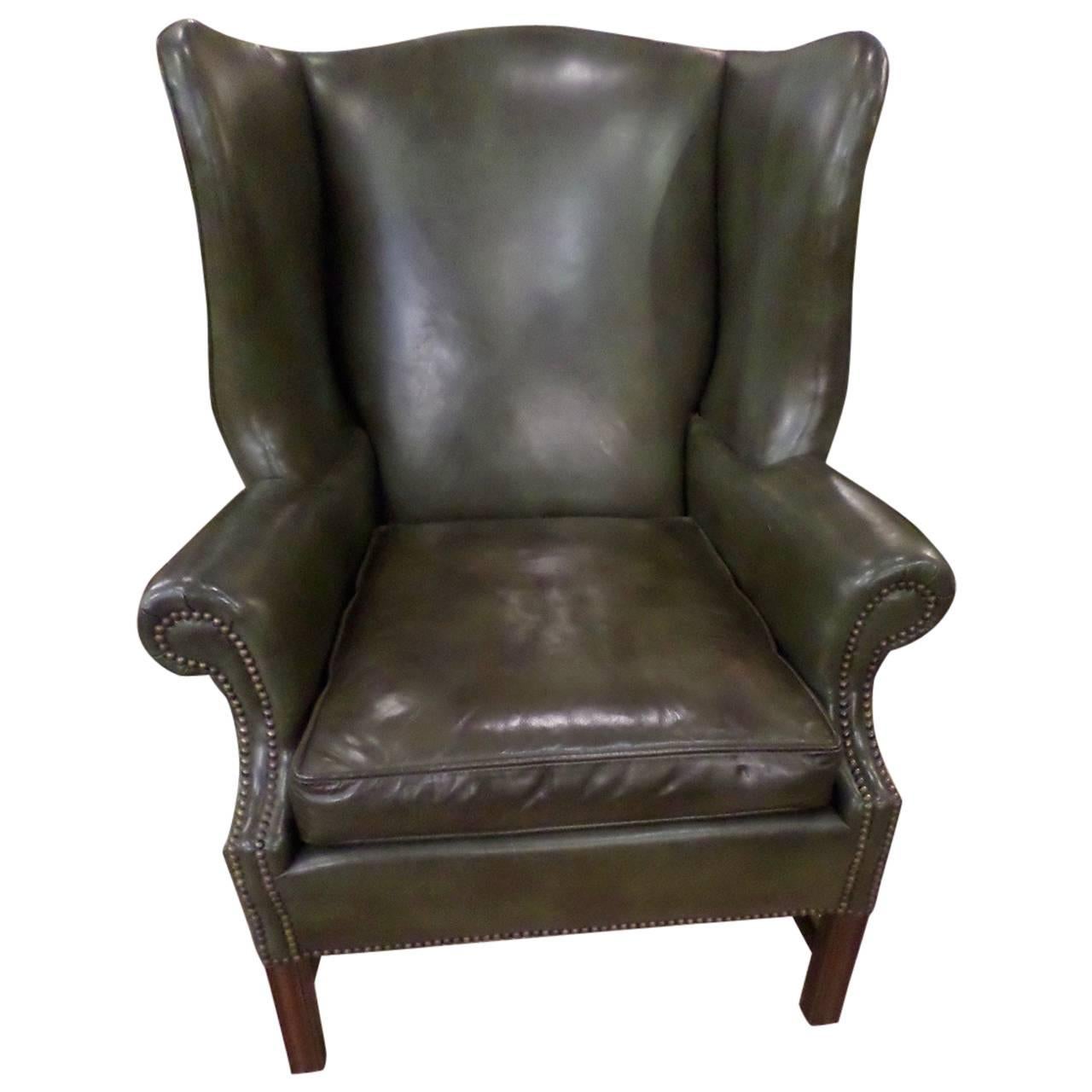 Green Leather Chippendale Style Wing Chair and Ottoman