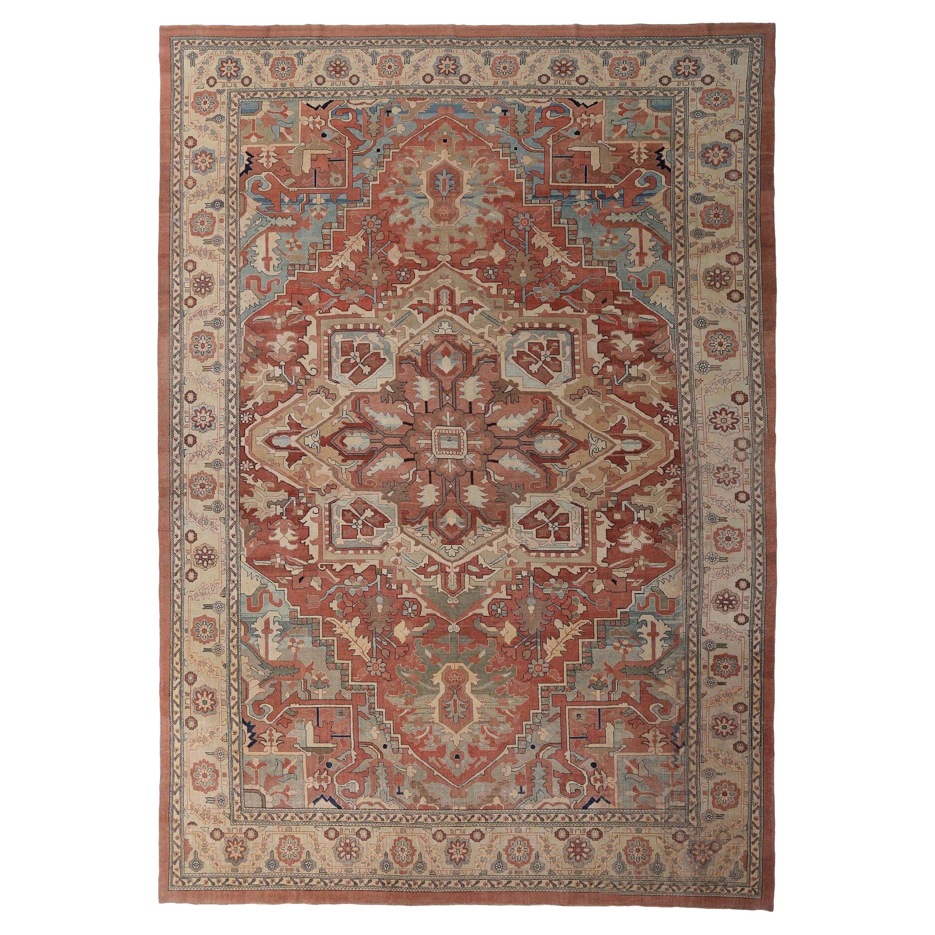 Afghanistan Heriz Over Size Teppich - Wolle Elfenbein Rot Design - 97038 im Angebot