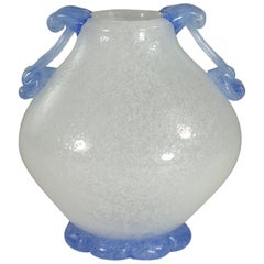 1940 Seguso White Blue Pulegoso Murano Glass Vase