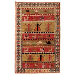 Persian Gabbeh Small Rug - Wool Green Red Yellow Design - 97067