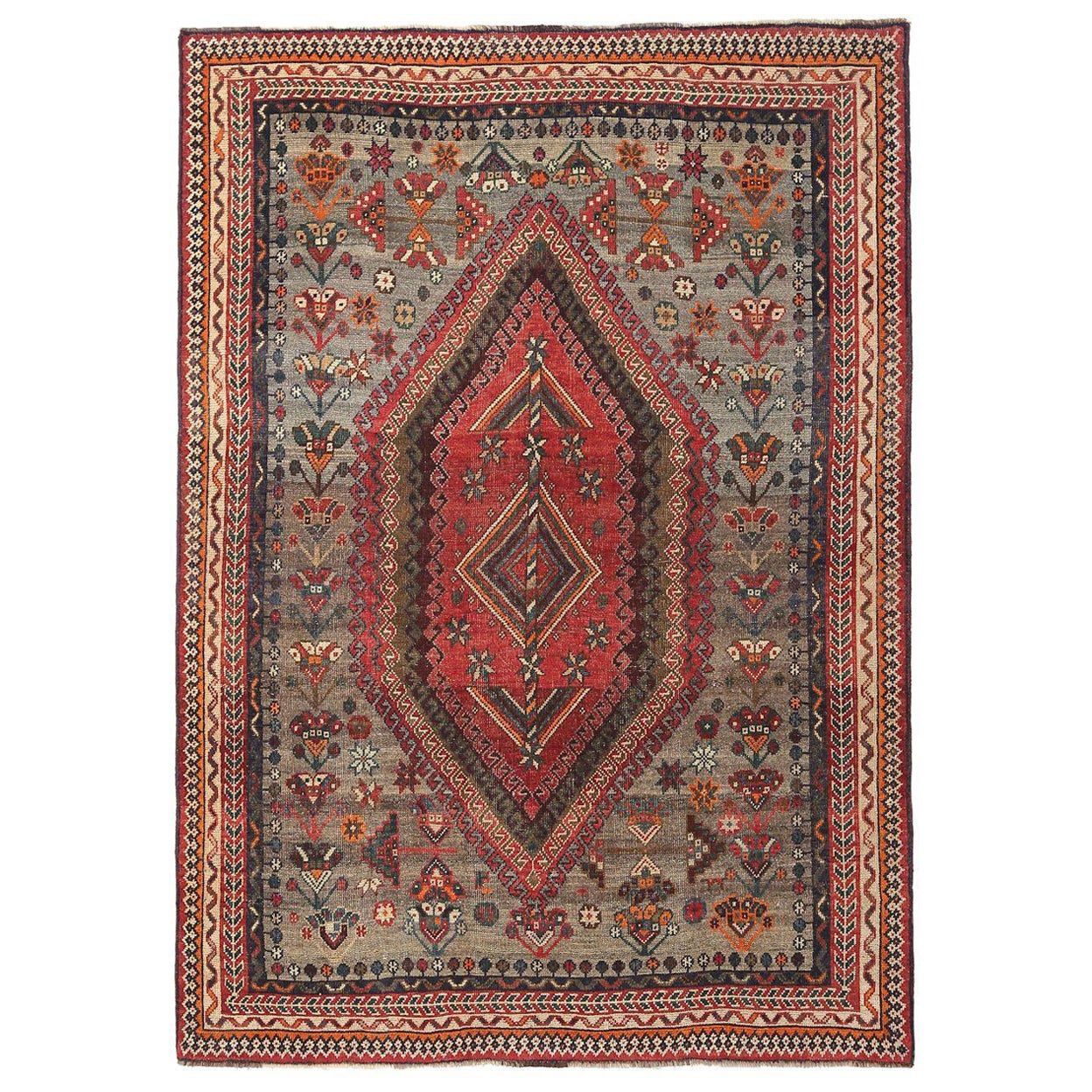 Persischer Shiraz-Teppich aus Wolle in Grau-Rot mit Design - 97086