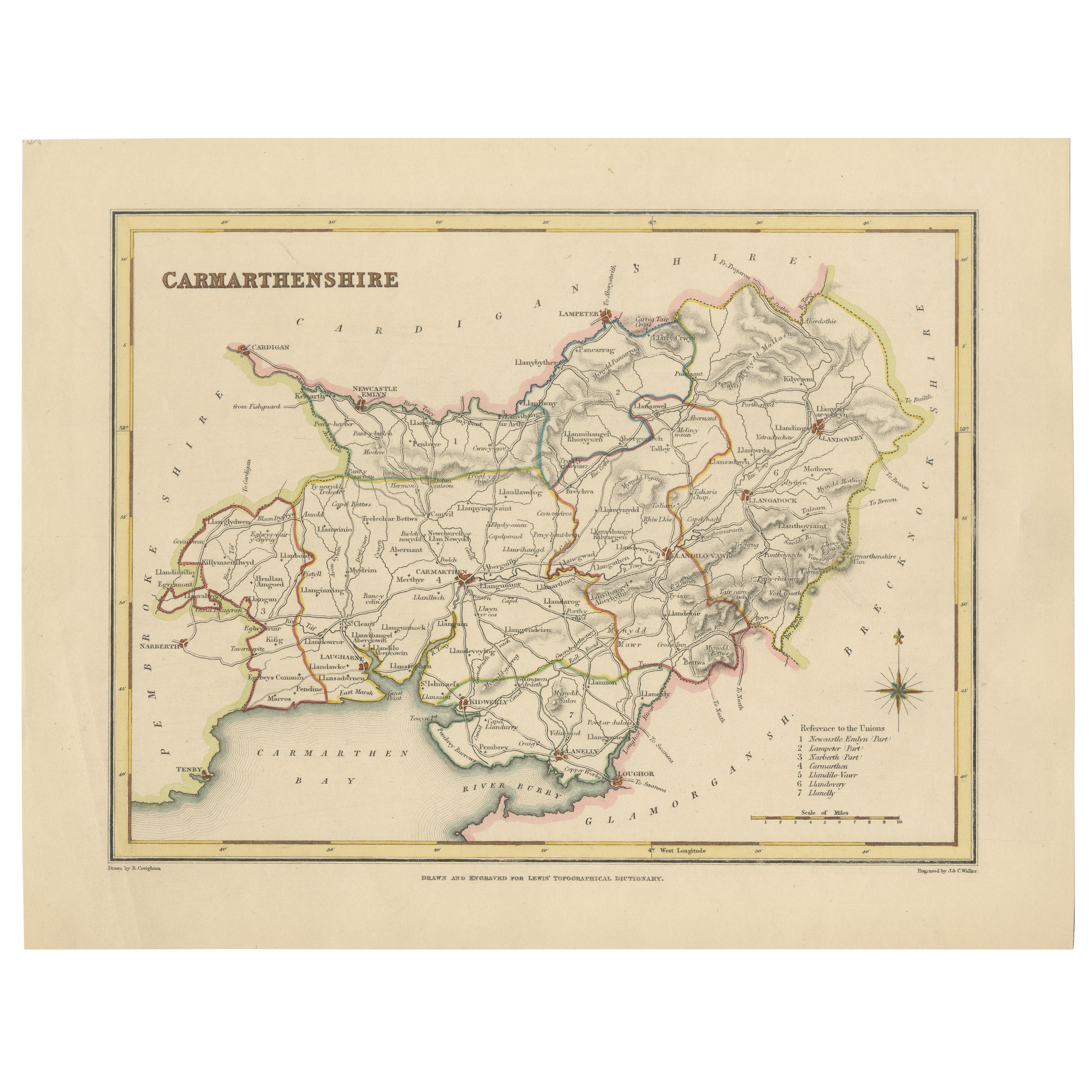 Map of Carmarthenshire 1844 – Carmarthen Llandeilo Llanelli Laugharne Llandovery For Sale