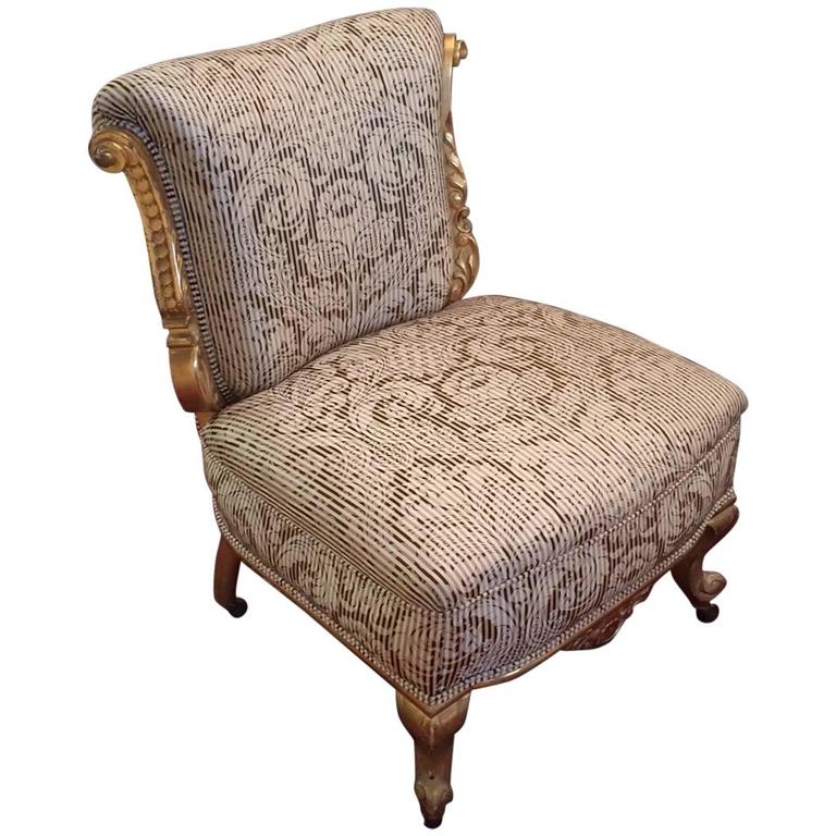 Pretty Antique Giltwood and Upholstered Slipper Chair at 1stDibs