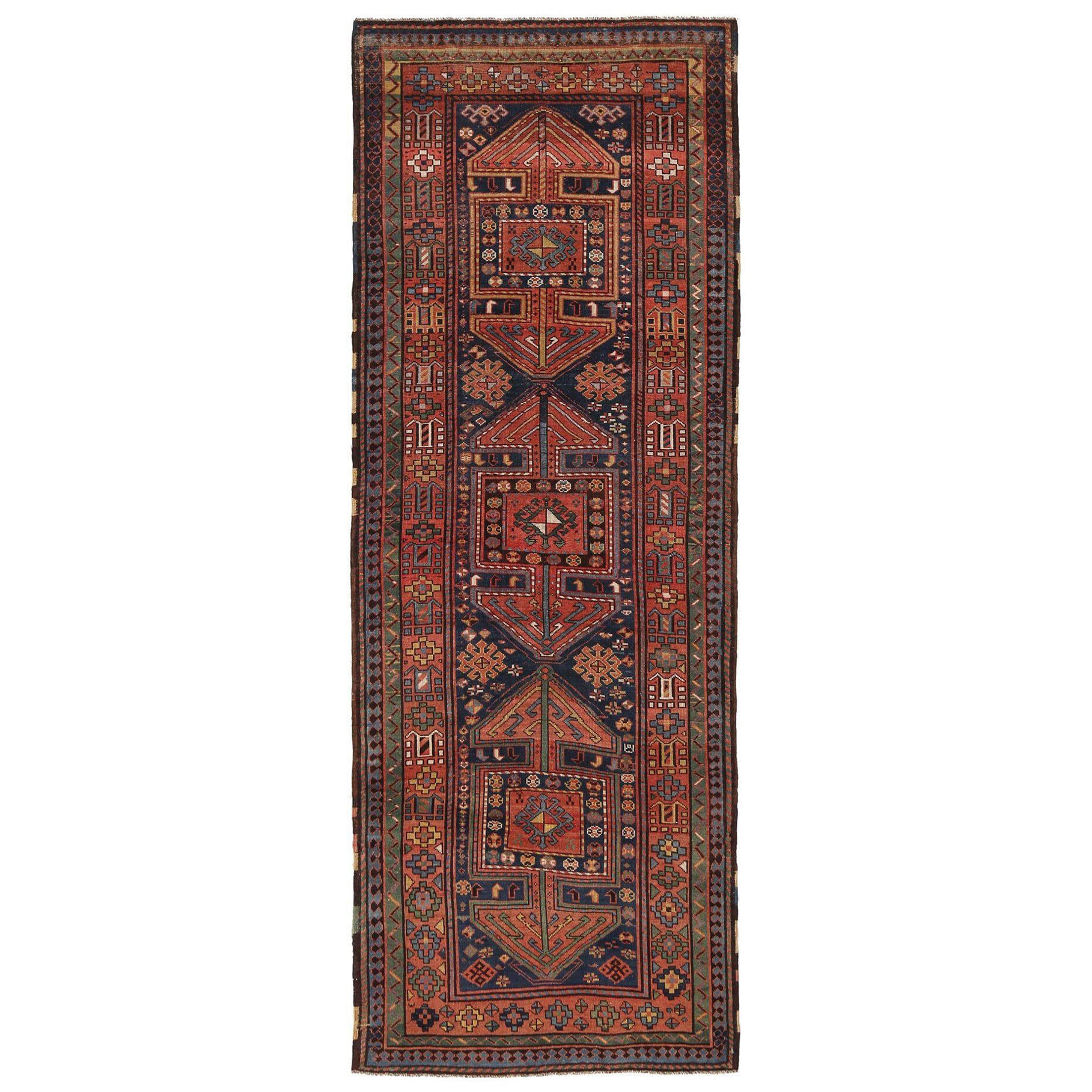 Persian Kazak Runner Rug - Wool Navy Blue Red Design - 97164