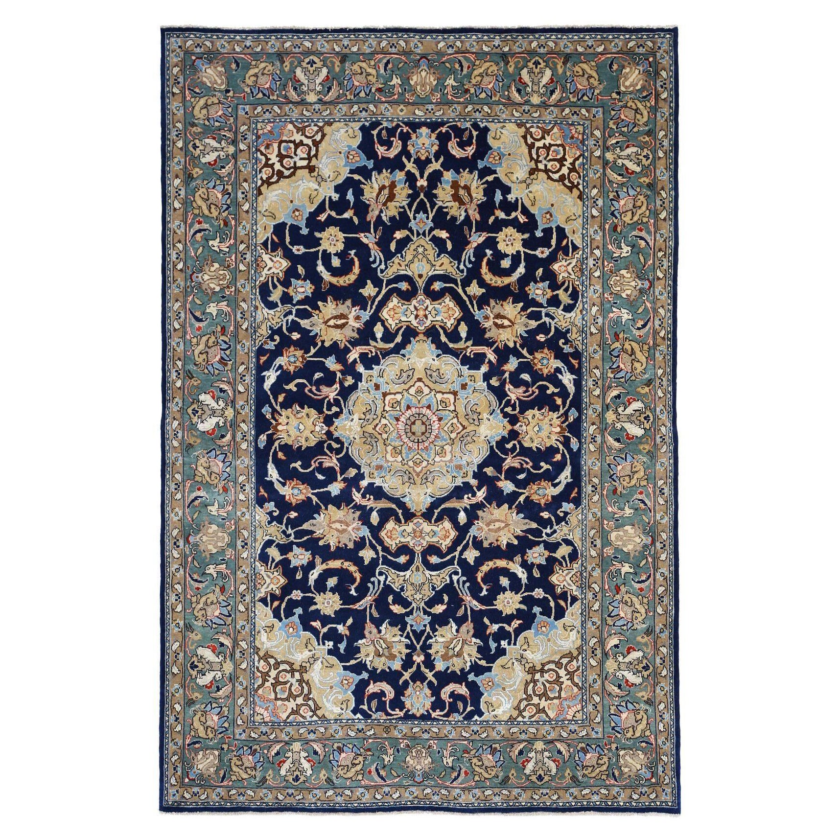 Tappeto persiano Qom Small - Disegno in lana verde blu navy - 97130 in vendita