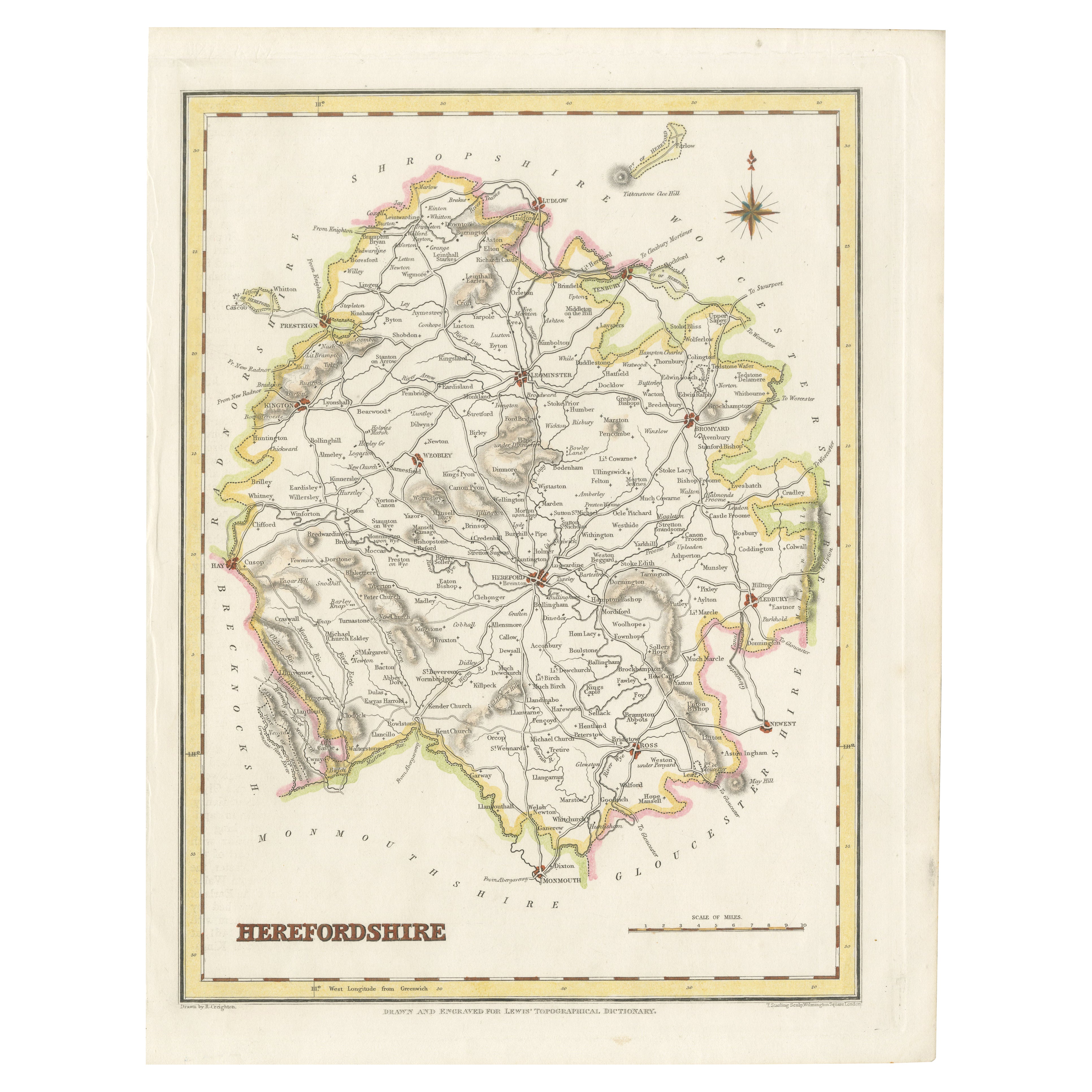 Old Map of Herefordshire 1844 – Hereford Leominster Ross-on-Wye Kington Bromyard For Sale