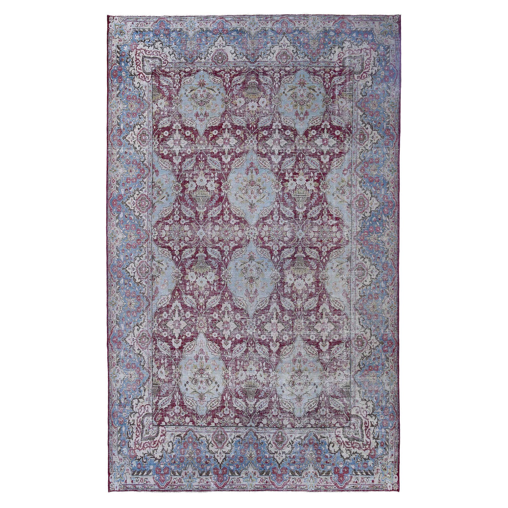 Tappeto persiano Yazd di grandi dimensioni - Disegno in lana blu rosso - 97225 in vendita