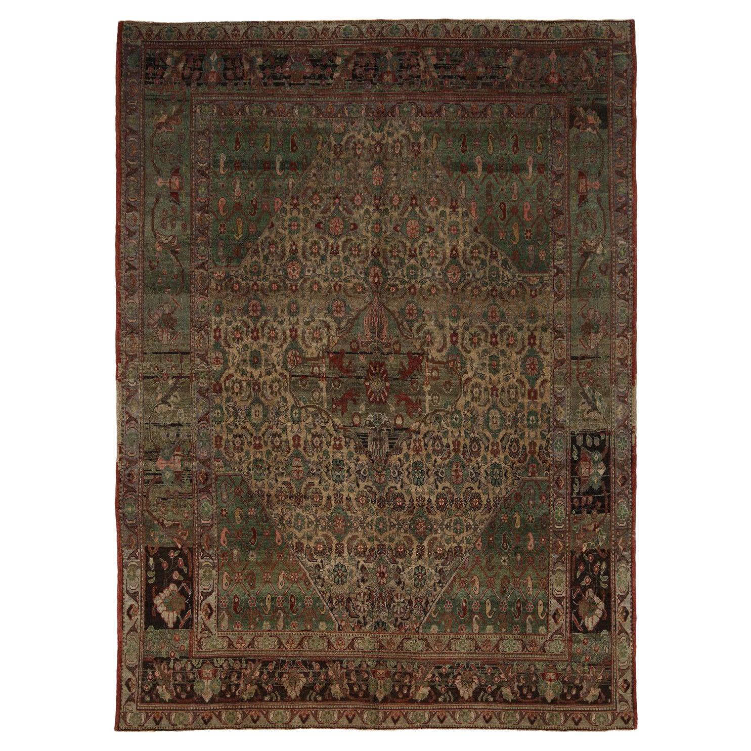 Tapis persans Heriz - motif en laine bleu vert ivoire - 97228
