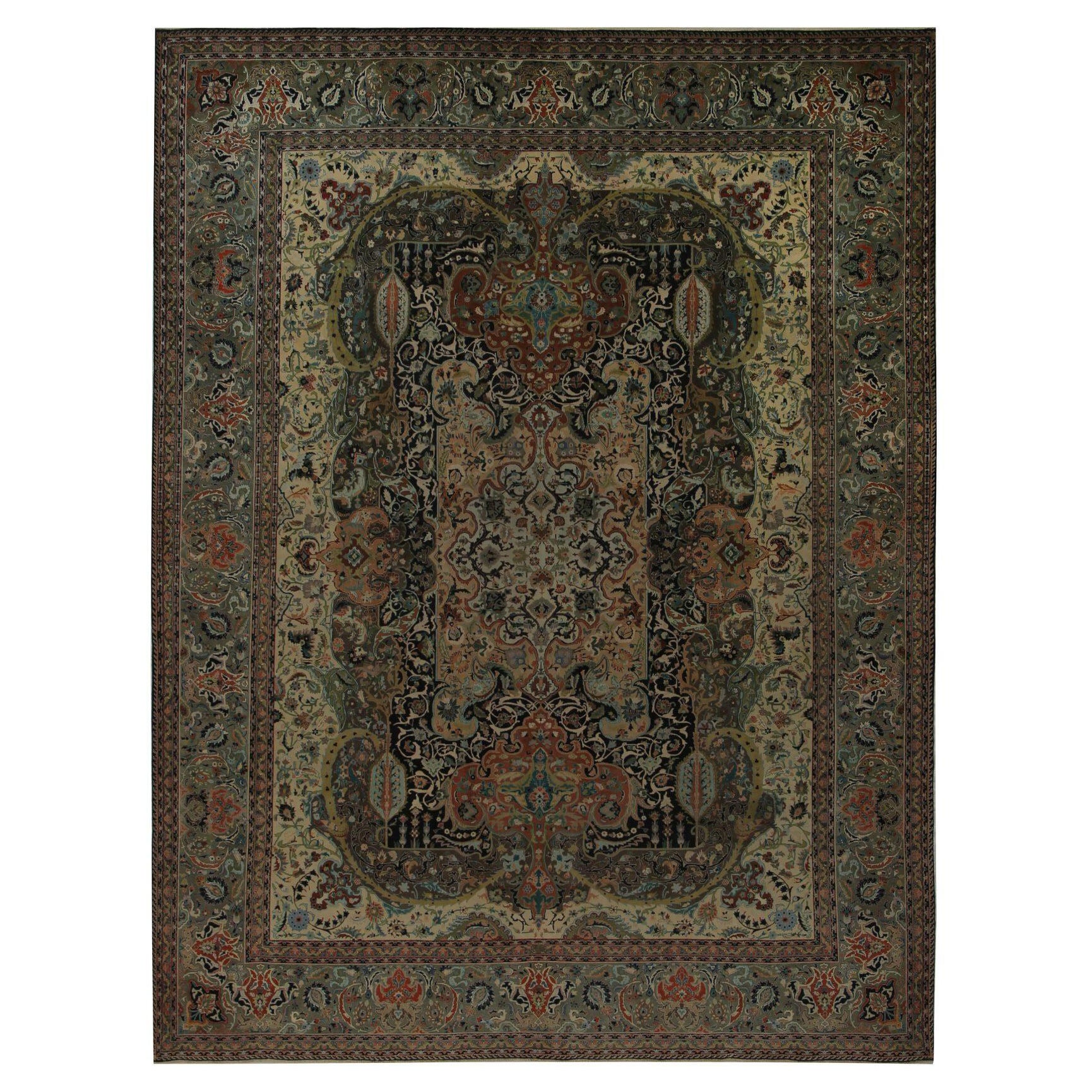 Persische Täbris-Teppiche - Wolle Schwarz Grün Elfenbein Rot Design - 97244 im Angebot