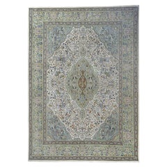 Vintage Persian Tabriz Area Rugs - Wool Green Ivory Light Blue Design - 97190