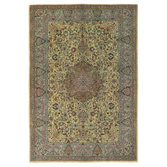 Vintage Persian Tabriz Area Rugs - Wool Green Yellow Design - 97192