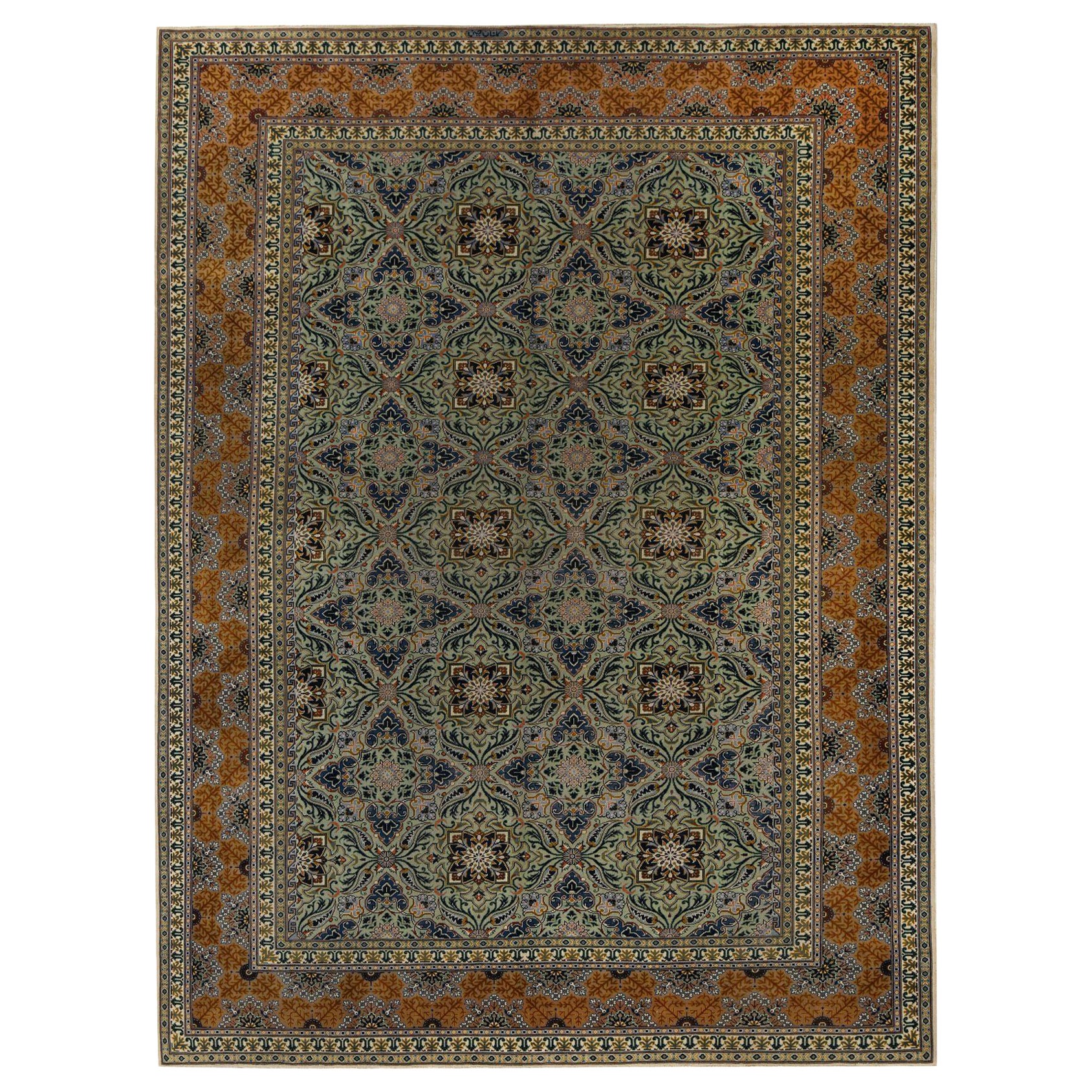 Tapis persans Kashan - motif en laine vert ivoire orange - 97197