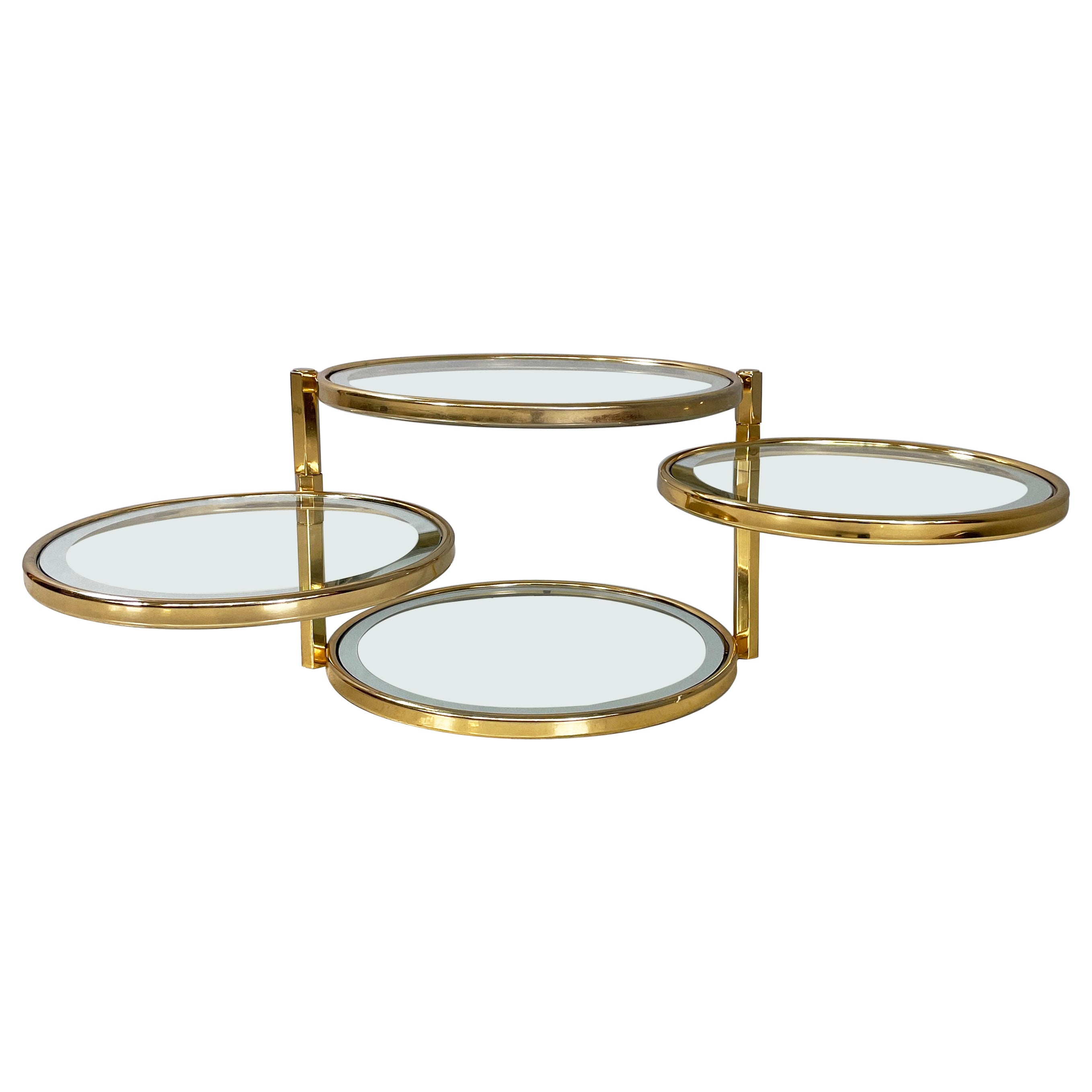 Italian modern round coffee table in brass with 4 adjustable glass tops, 1970s