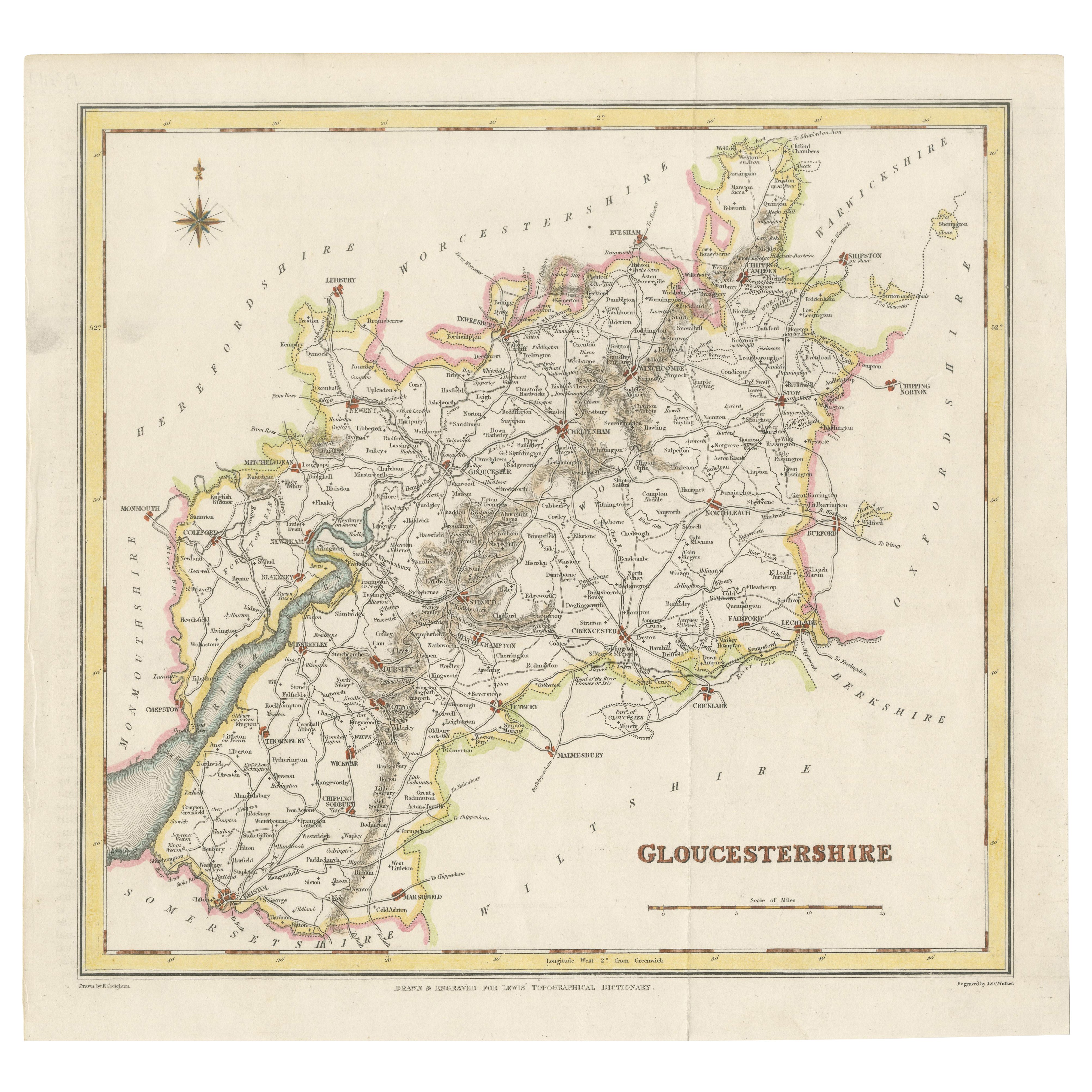 Old Map of Gloucestershire by Samuel Lewis 1844 – Gloucester, Cheltenham, Bristo