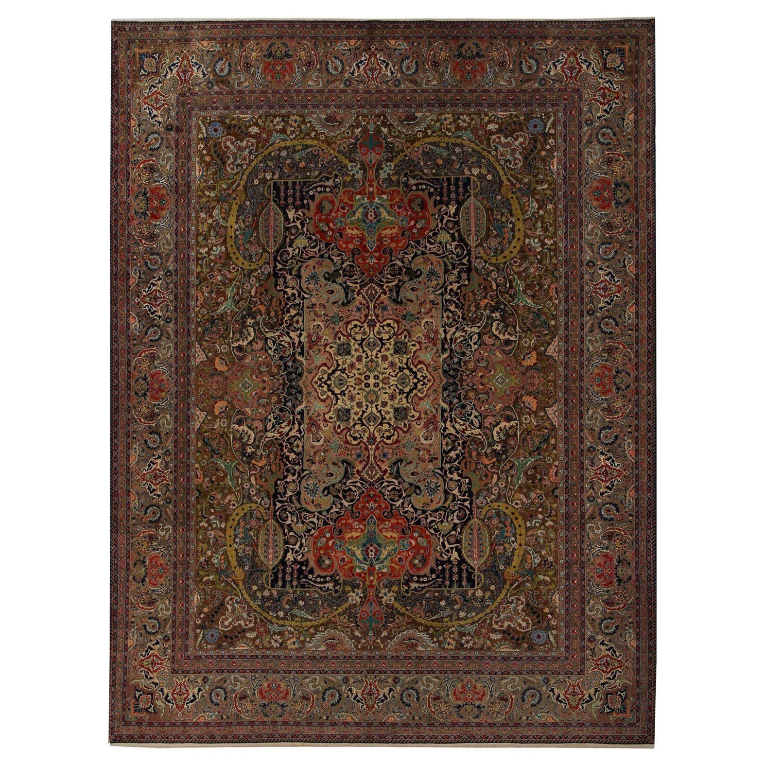 Persische Täbriz Bereich Teppiche - Wolle Schwarz Braun Elfenbein Rot Design - 97237
