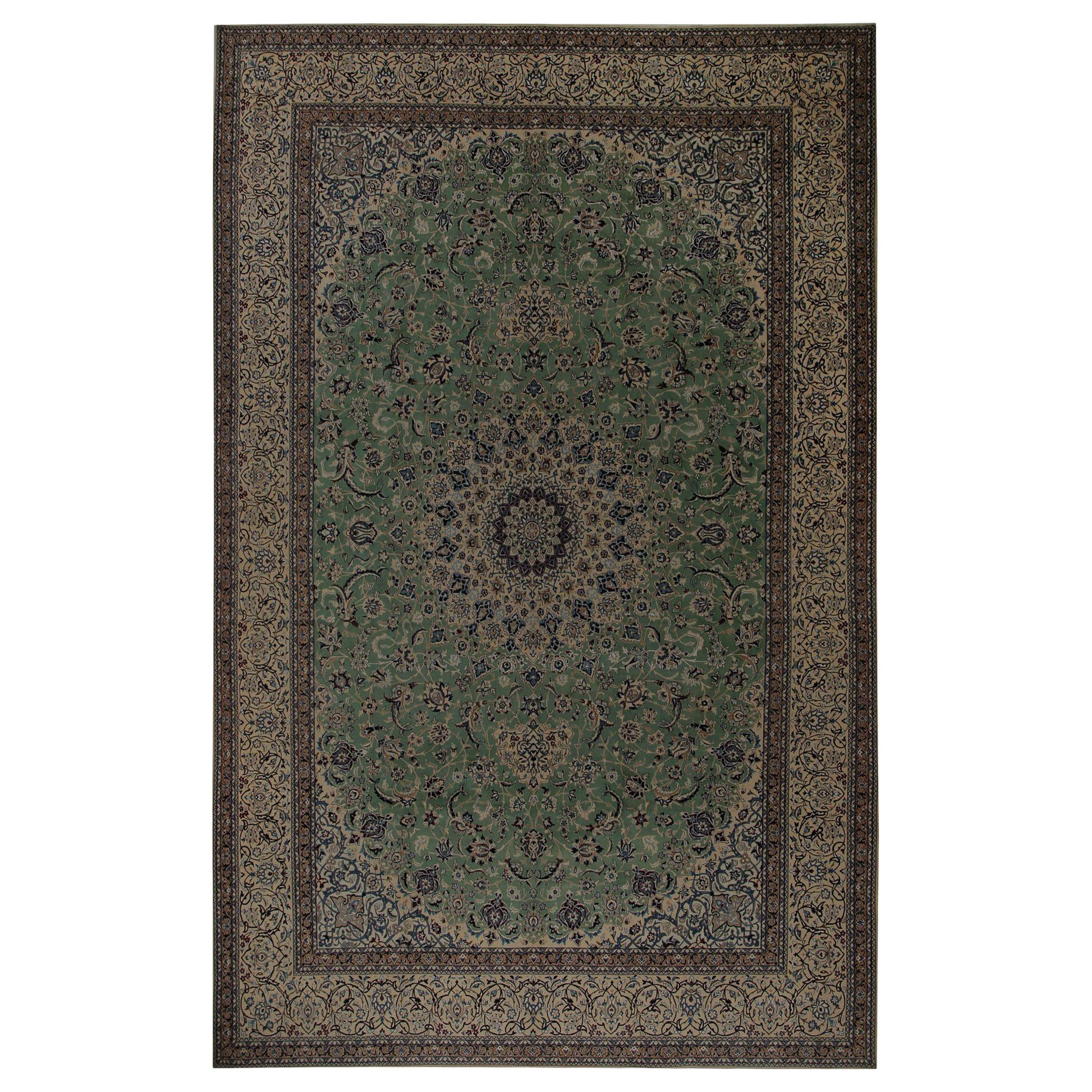 Persische Naien Over Size Teppich - Wolle Grün Elfenbein Design - 97240